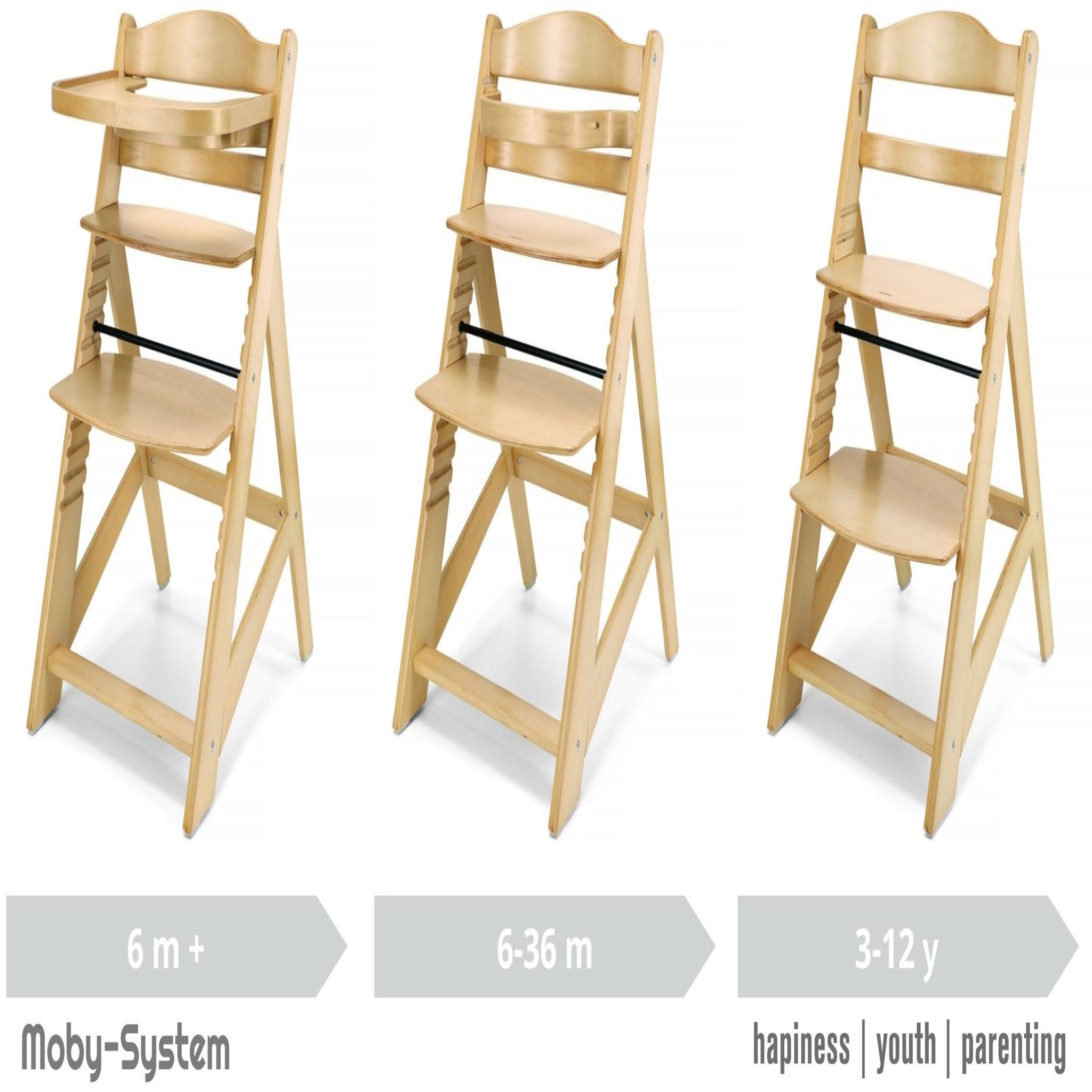 Voir la diapositive 3 : MOBY SYSTEM Chaise haute bébé +6 mois évolutive, 12 réglages du siège, table amovible, coussins ceinture 3 points