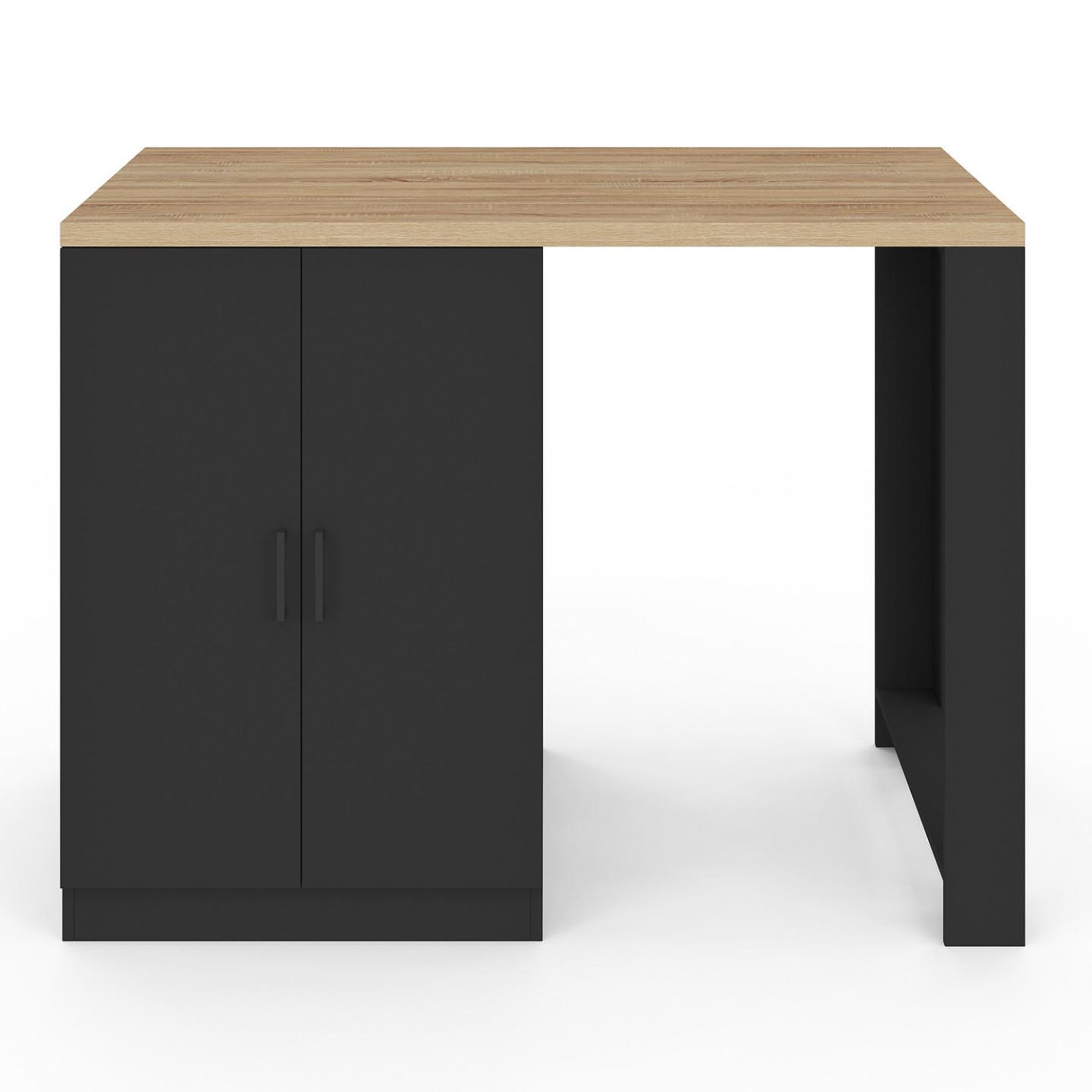 Voir la diapositive 4 : ID MARKET Ilot central lino 120 cm 2 personnes bois noir avec plan de travail façon hêtre et portes vitrées
