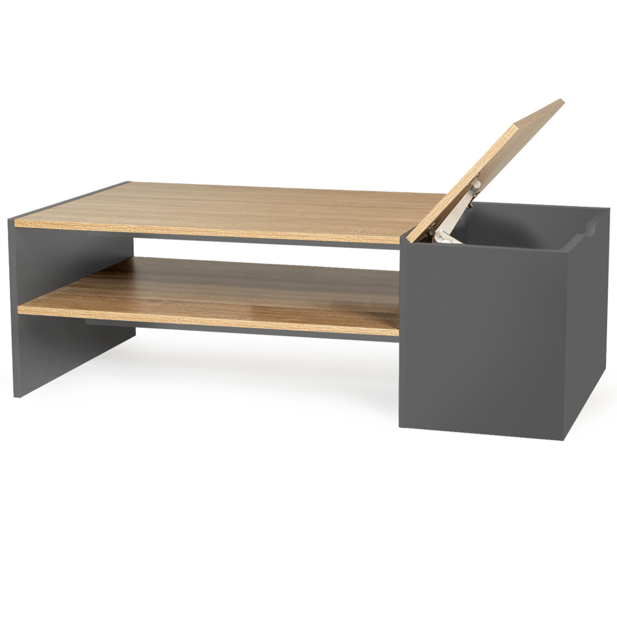 ID MARKET Table basse bar contemporaine rectangulaire IZIA avec coffre gris et plateaux bois