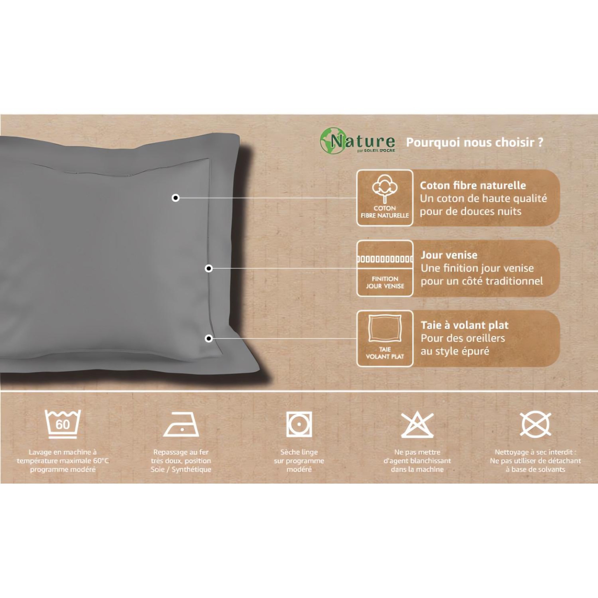 Voir la diapositive 3 : SOLEIL D'OCRE Taie d'oreiller en coton PERCALE, par Soleil d'ocre