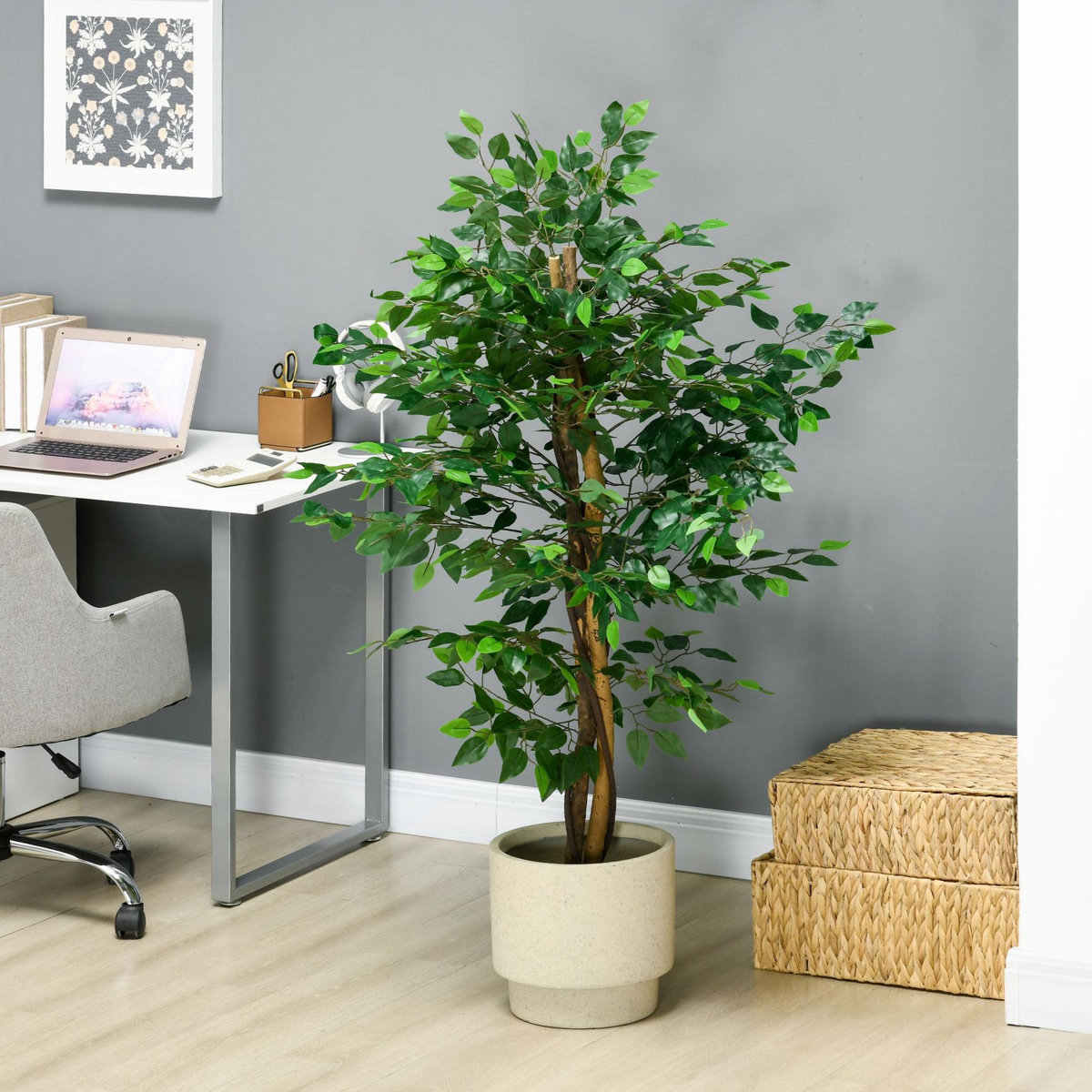 HOMCOM Arbre artificiel plante artificiel ficus hauteur 1,5 m tronc branches liane lichen feuilles grand réalisme pot inclus