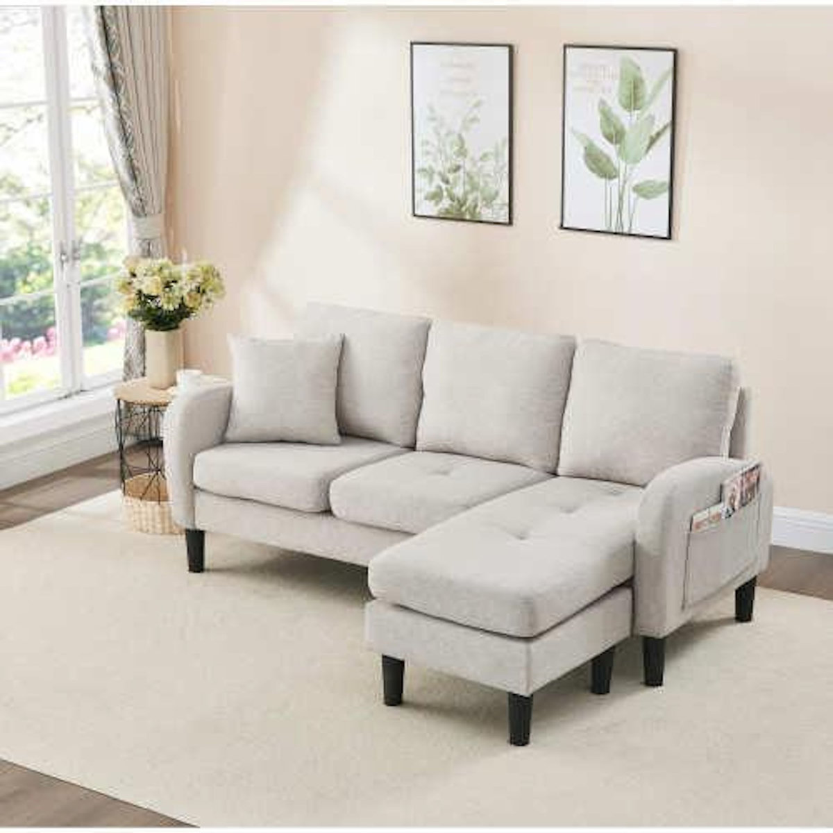 MERAX Canapé d'angle réversible fixe 3 places coton et lin