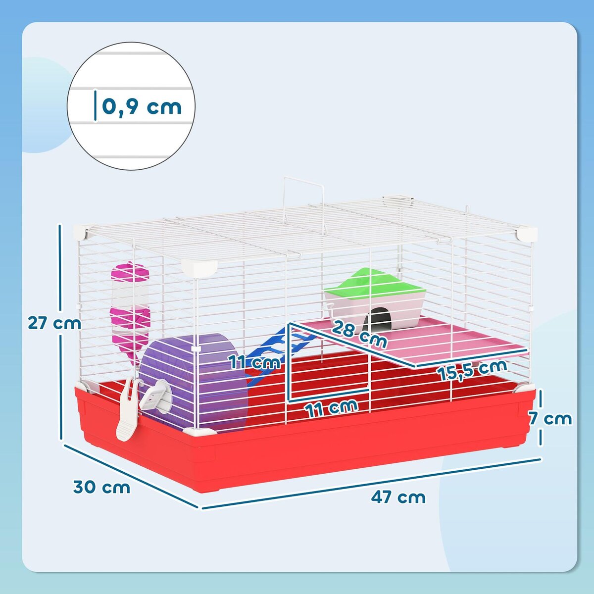PAWHUT Cage rongeur hamster 2 niveaux cabane roue échelle biberon mangeoire 47 x 30 x 27 cm blanc rouge