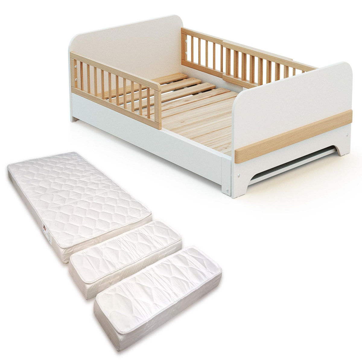 JURABABY Lit au sol enfant extensible en bois 80x140-165-190 CARROUSEL avec matelas - Blanc