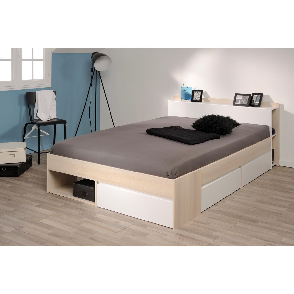 Lit double adulte 140x190 / 140x200 cm avec rangements BOOST