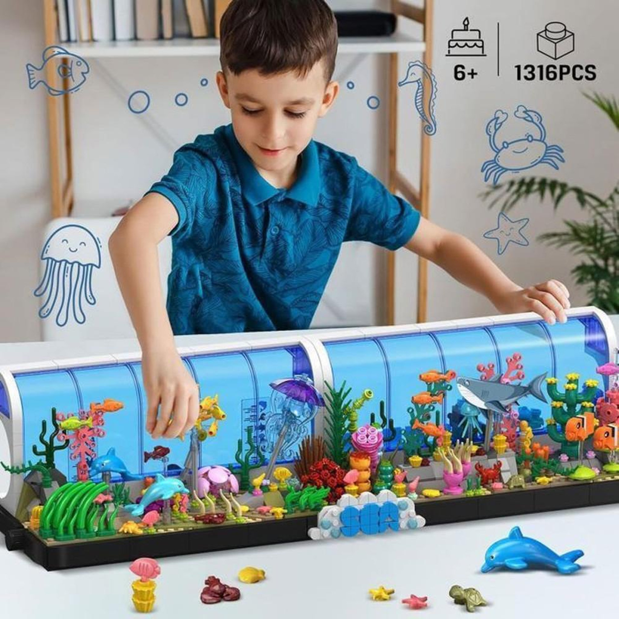 Voir la diapositive 2 : Set de construction aquarium 2 en 1 avec océanarium pivotant et animaux marins, 1 316 pièces ABS