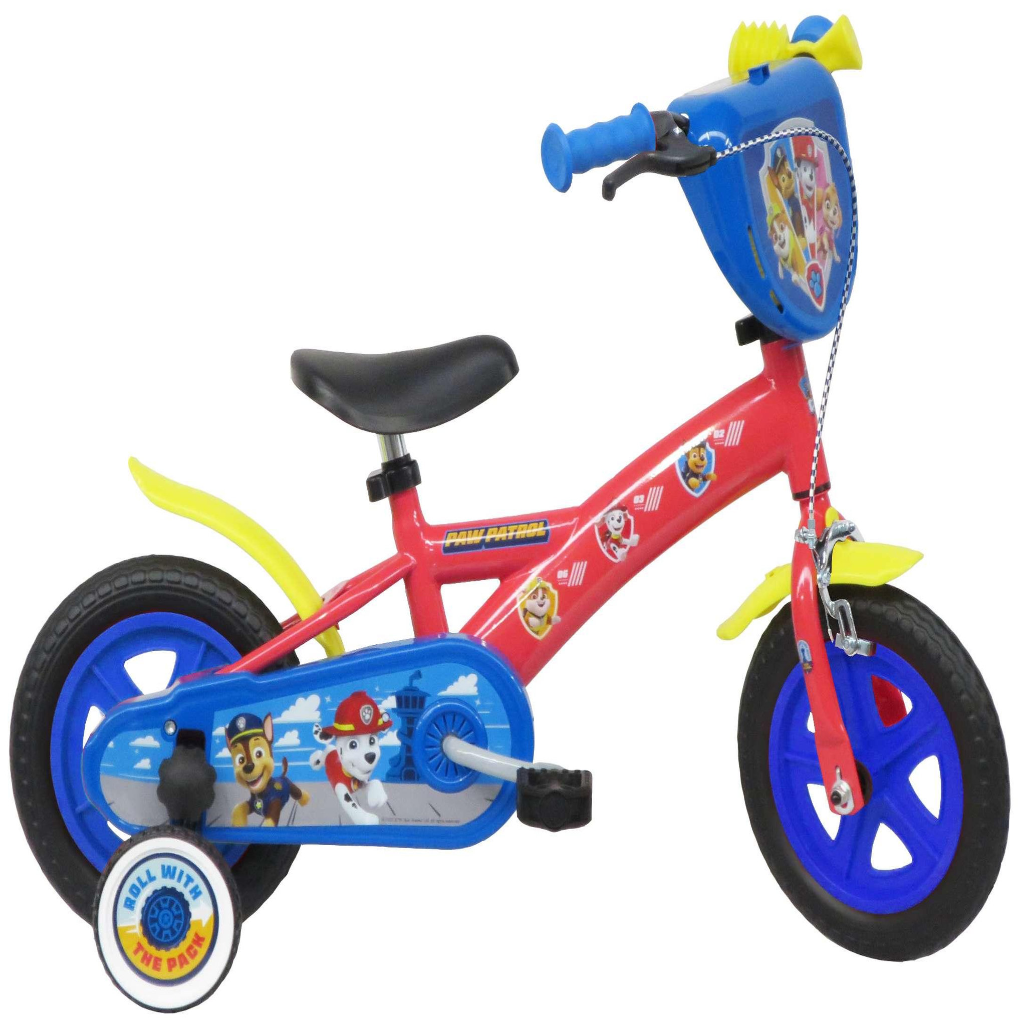 Nickelodeon Vélo enfant - Modèle 10'' Pat Patrouille pour enfant de 75/90 cm avec stabilisateurs - 1 frein - Plaque décorative avant et roues bâtons