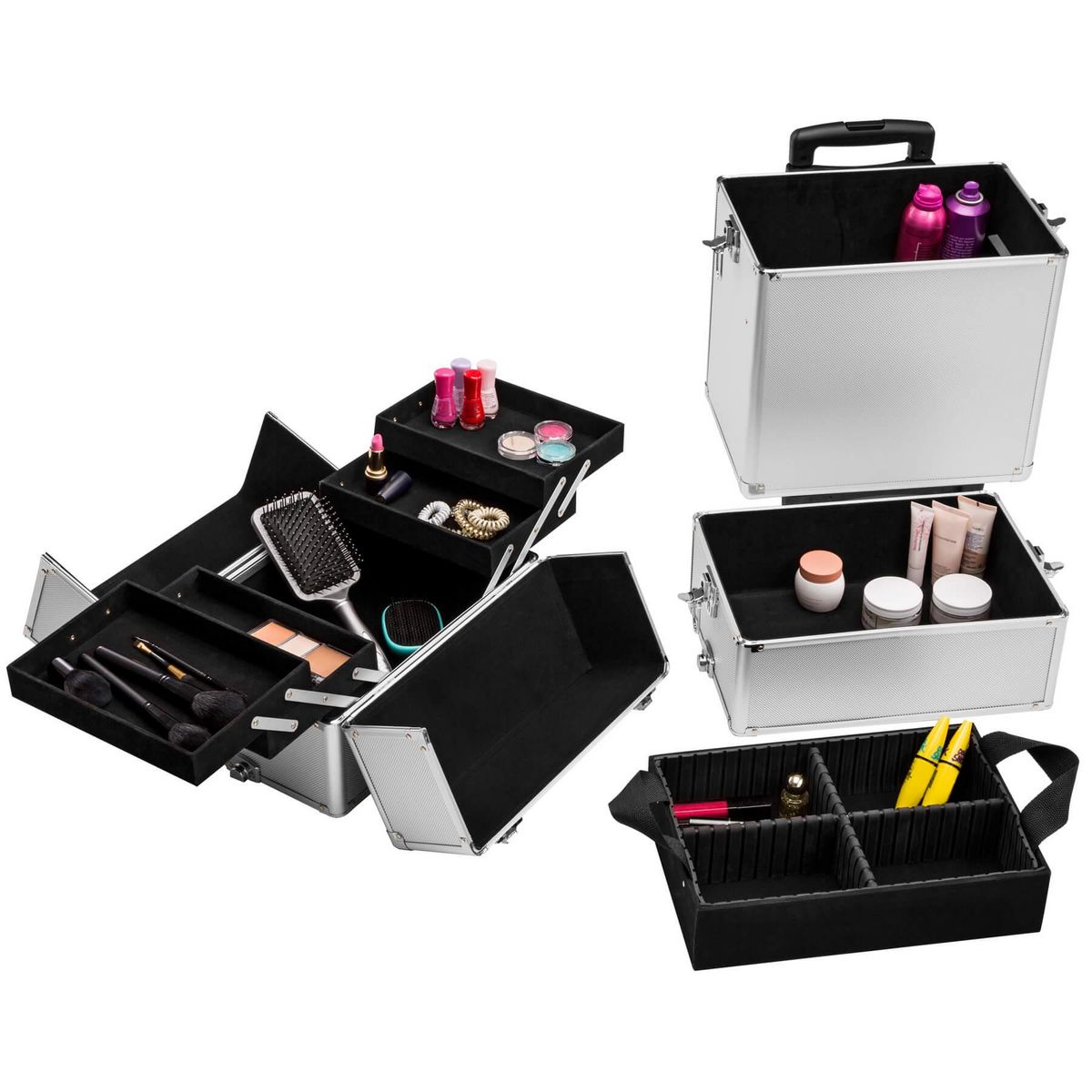 tectake Vanity de maquillage 3-en-1 avec revêtement intérieur en velours argent