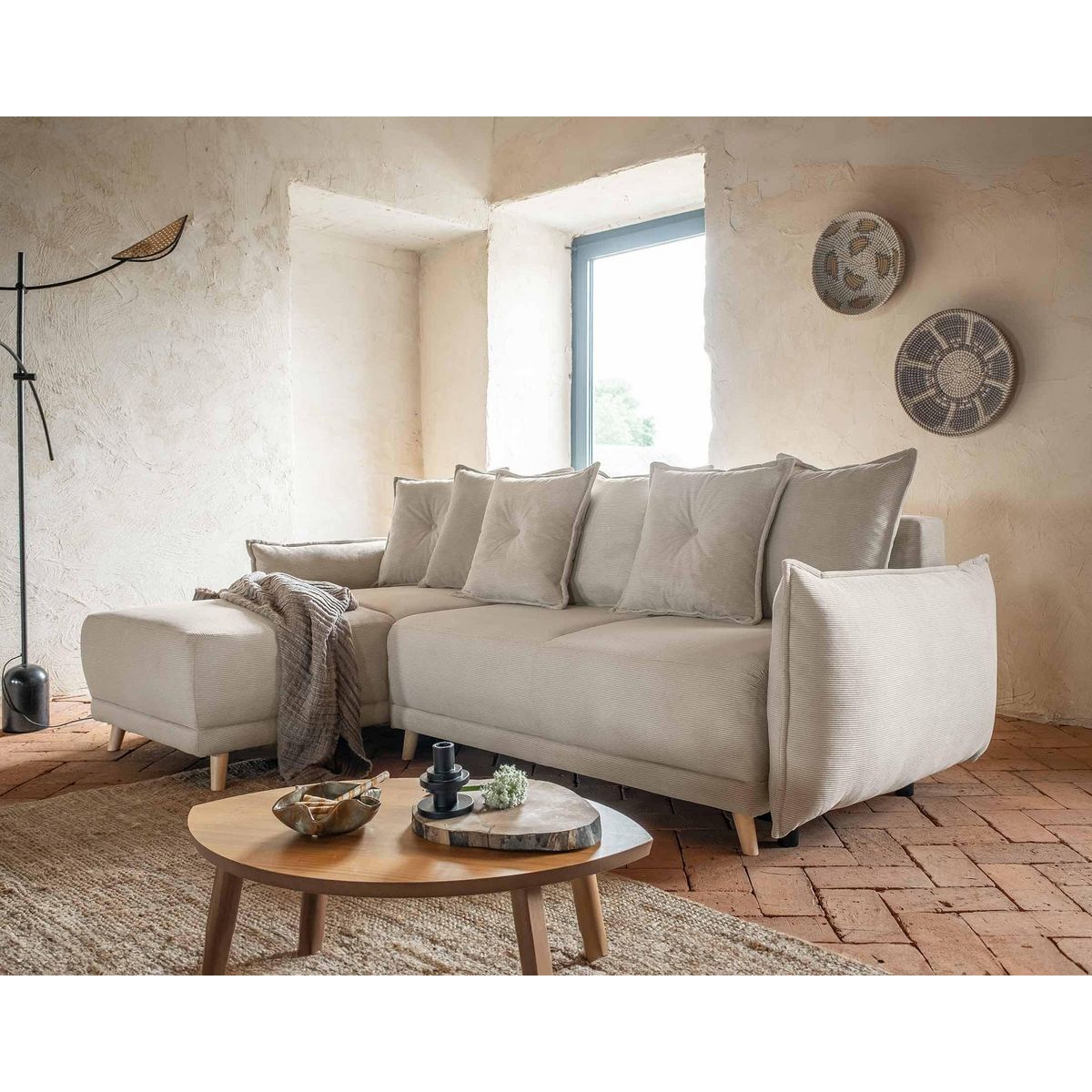 BEST MOBILIER Lena - canapé d'angle réversible 4 places - convertible avec coffre - en velours côtelé