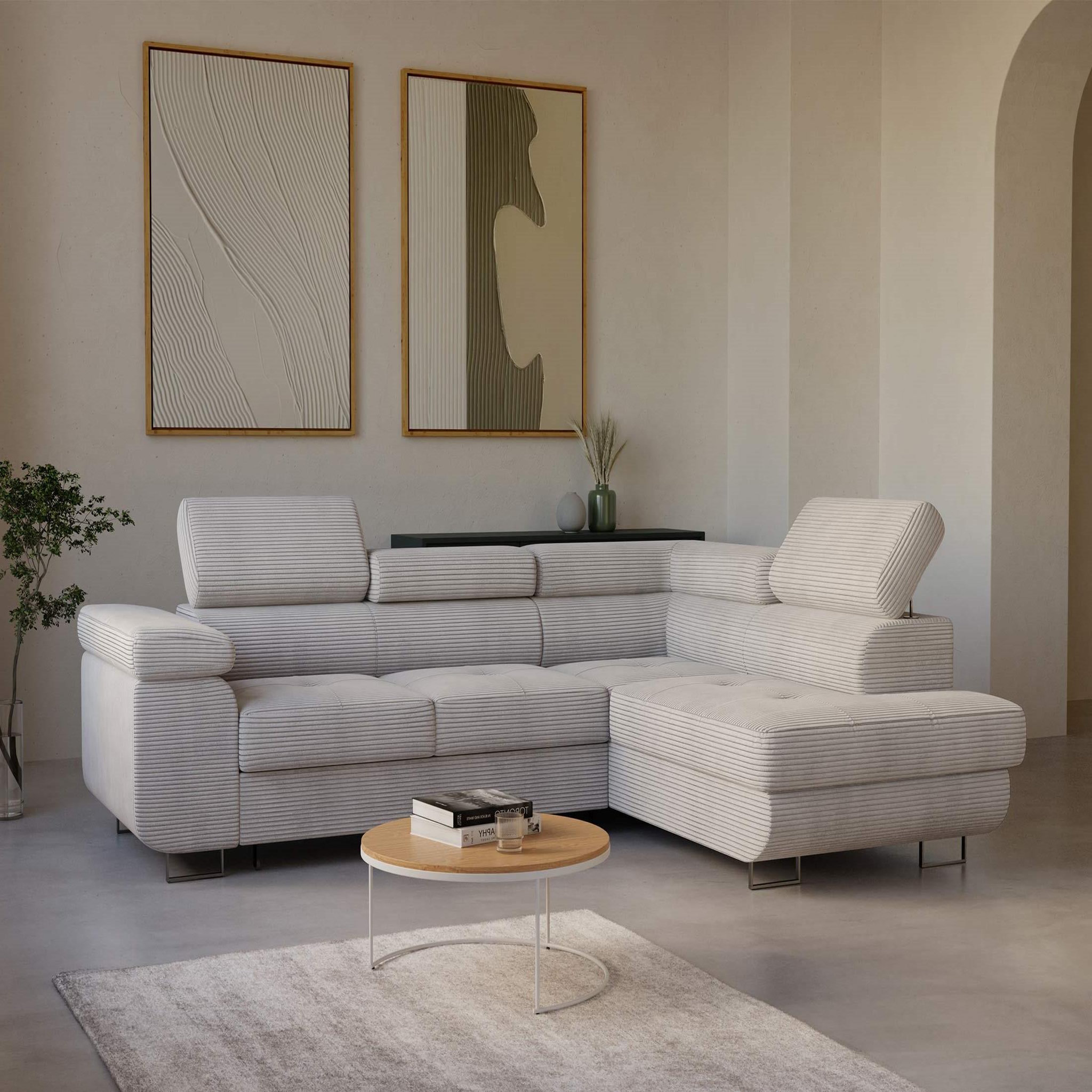 BEST MOBILIER Zaria - canapé d'angle droit - convertible avec coffre et têtières réglables - 5 places - en velours côtelé. Coloris disponibles : Gris, Noir, Vert, Beige, Bleu, Orange