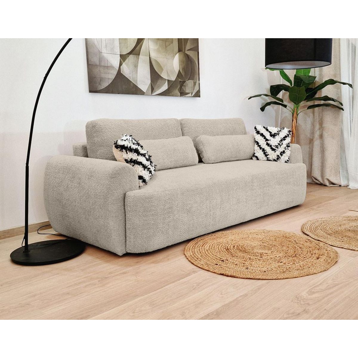 BEST MOBILIER Mahina - canapé droit 3 places - convertible avec coffre - en tissu bouclette