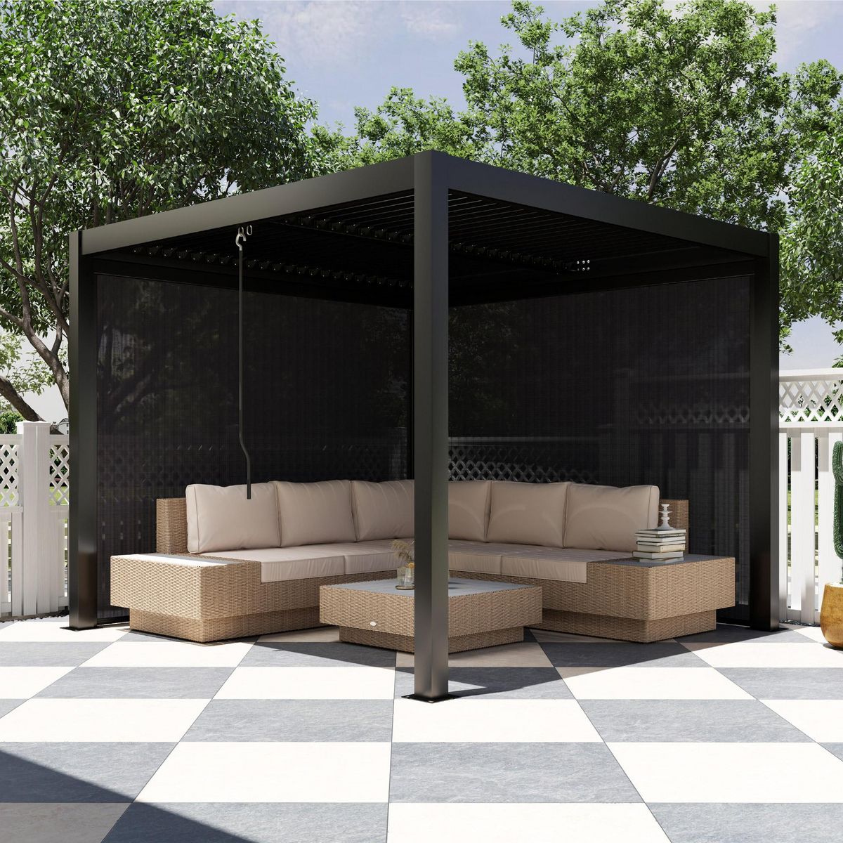 OUTSUNNY Pergola bioclimatique en alu 3 x 3 m - lames orientables 2 parties indépendantes, 2 stores latéraux - anthracite
