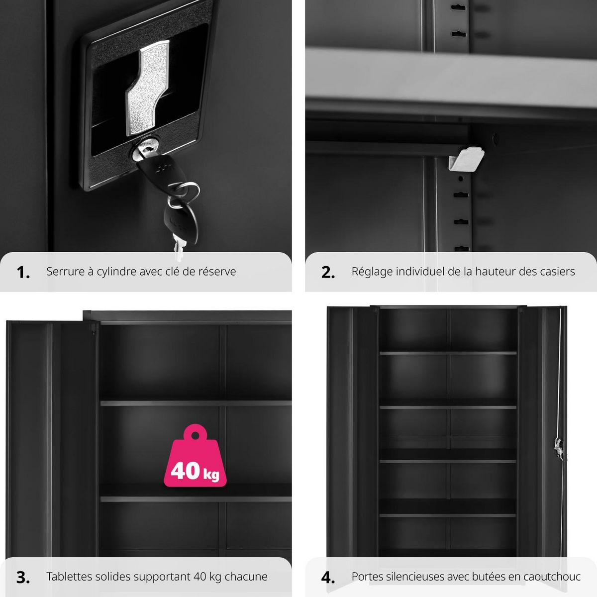 tectake Armoire de classement en métal en Acier lâqué époxy noir