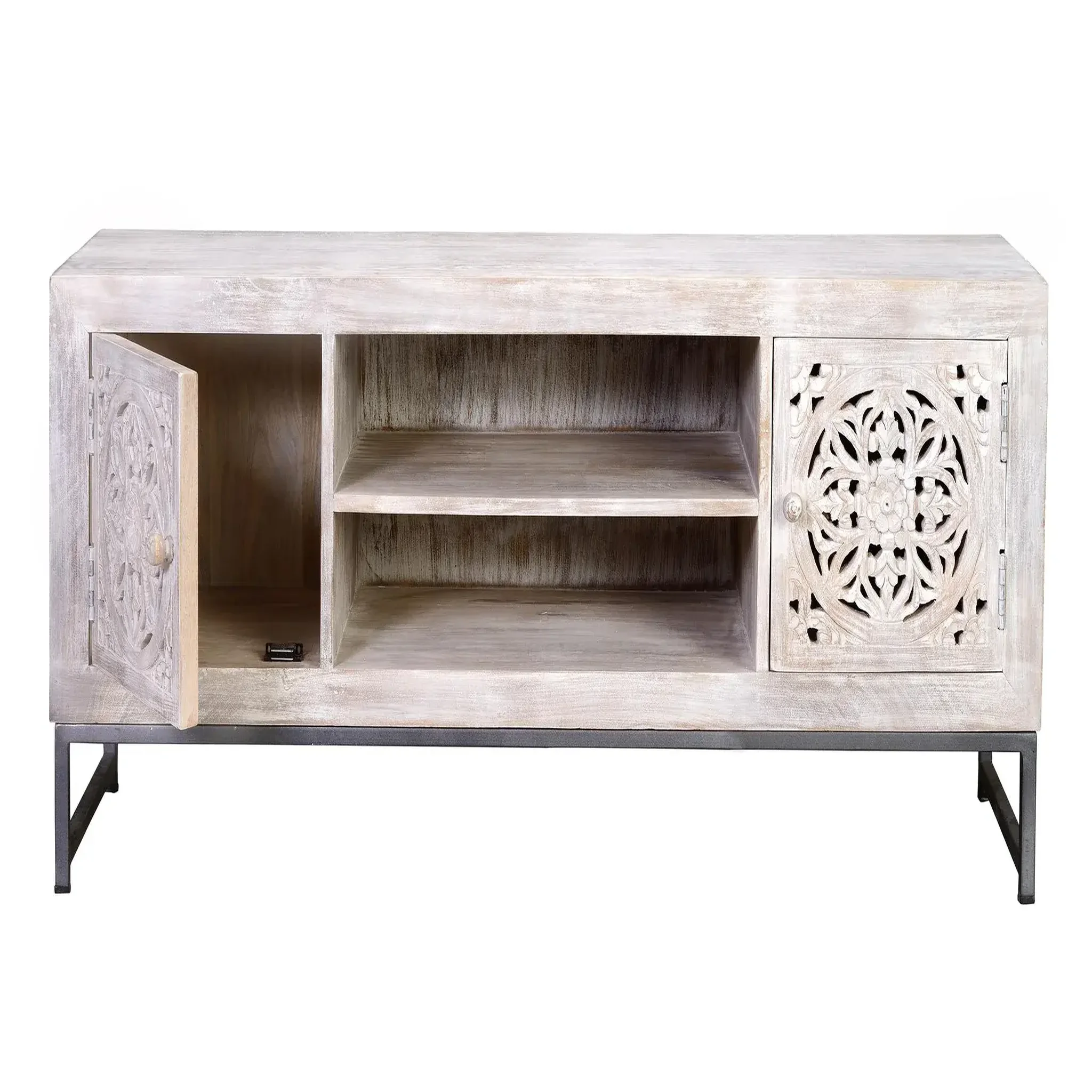 Voir la diapositive 2 : GINER Y COLOMER SL Meuble tv en bois de manguier 130 cm style ethnique boho sculpté
