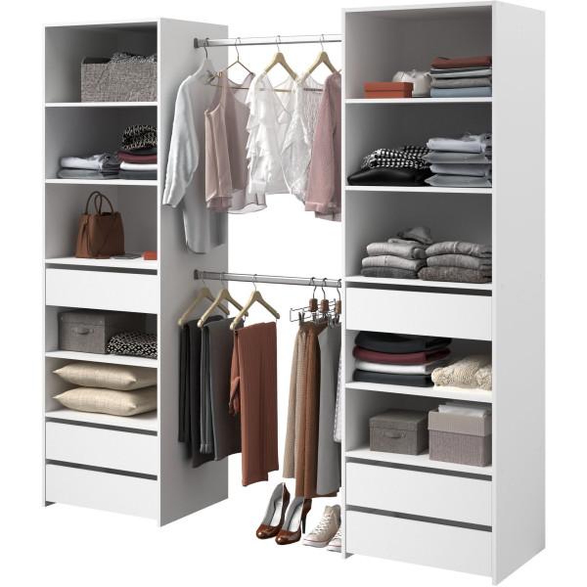 Voir la diapositive 4 : PARISOT Dressing - ANETO - Blanc - Double colonne - 6 tiroirs - 2 barres de penderie - L199,9 x H200 x P49,7 cm - PARISOT