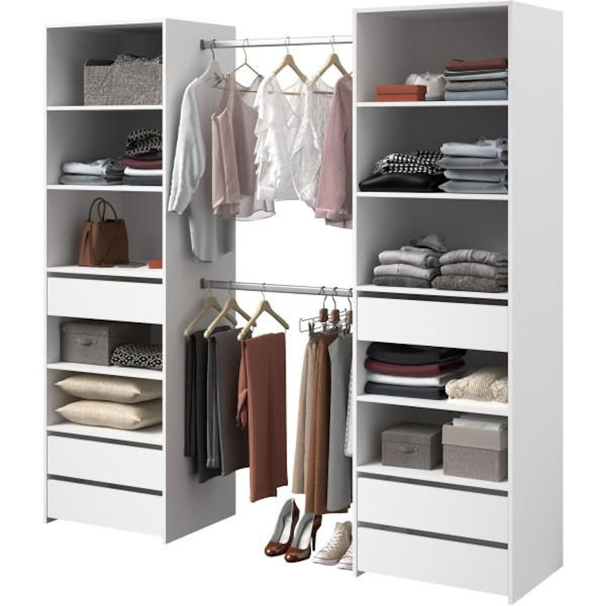 PARISOT Dressing - ANETO - Blanc - Double colonne - 6 tiroirs - 2 barres de penderie - L199,9 x H200 x P49,7 cm - PARISOT