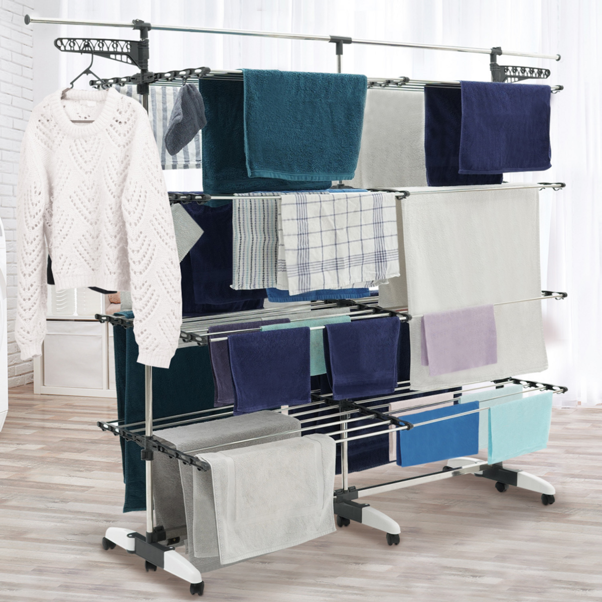 ID MARKET Séchoir à linge 60 M SUPRA XXL gris/blanc 4 niveaux + barre télescopique