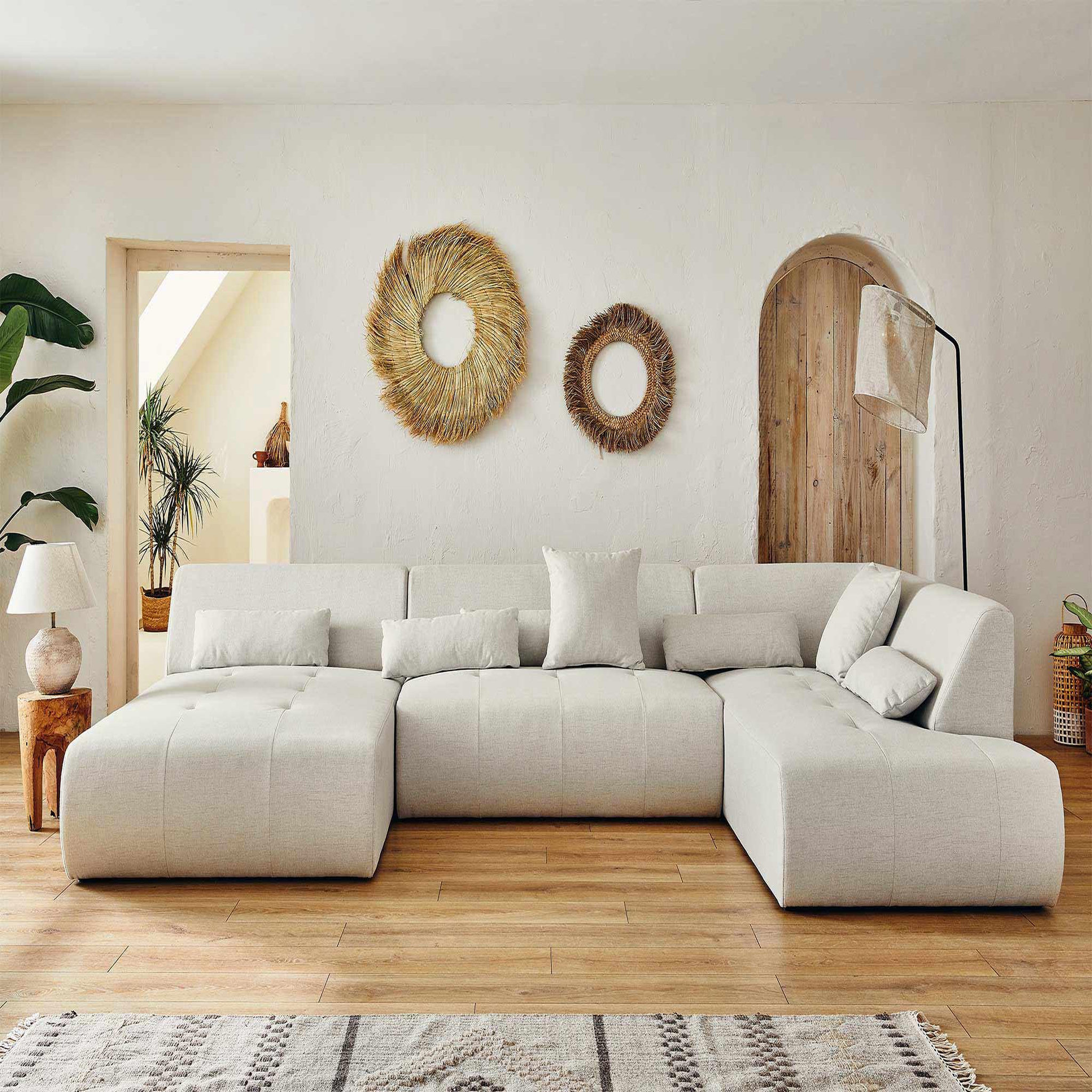 LISA DESIGN Onyx - canapé panoramique d'angle droit 7 places - en tissu. Coloris disponibles : Gris, Beige, Vert, Orange