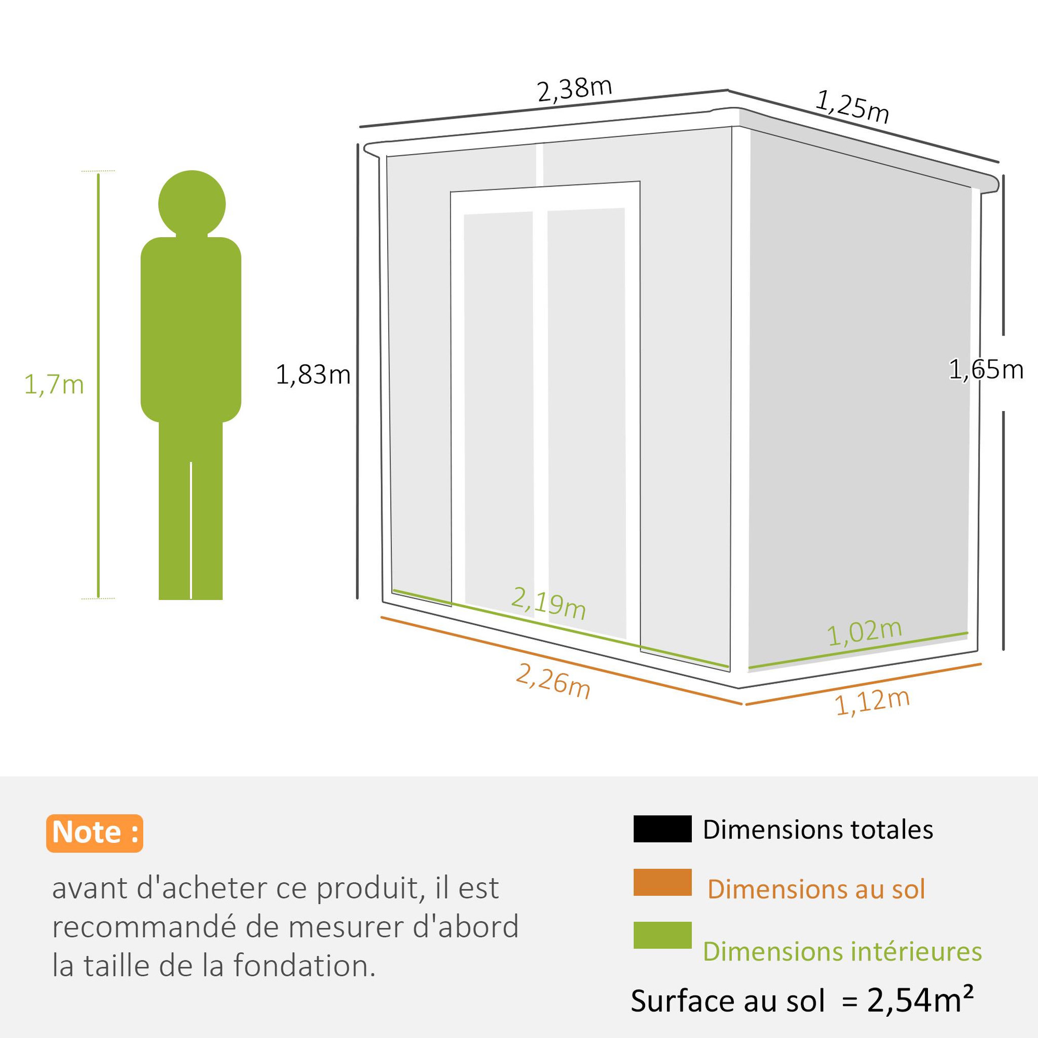 Voir la diapositive 3 : OUTSUNNY Abri de jardin 2,54 m² dim. 2,4 x 1,3 m - fondation incluse - fenêtre, 2 portes, aérations - alu PP gris blanc