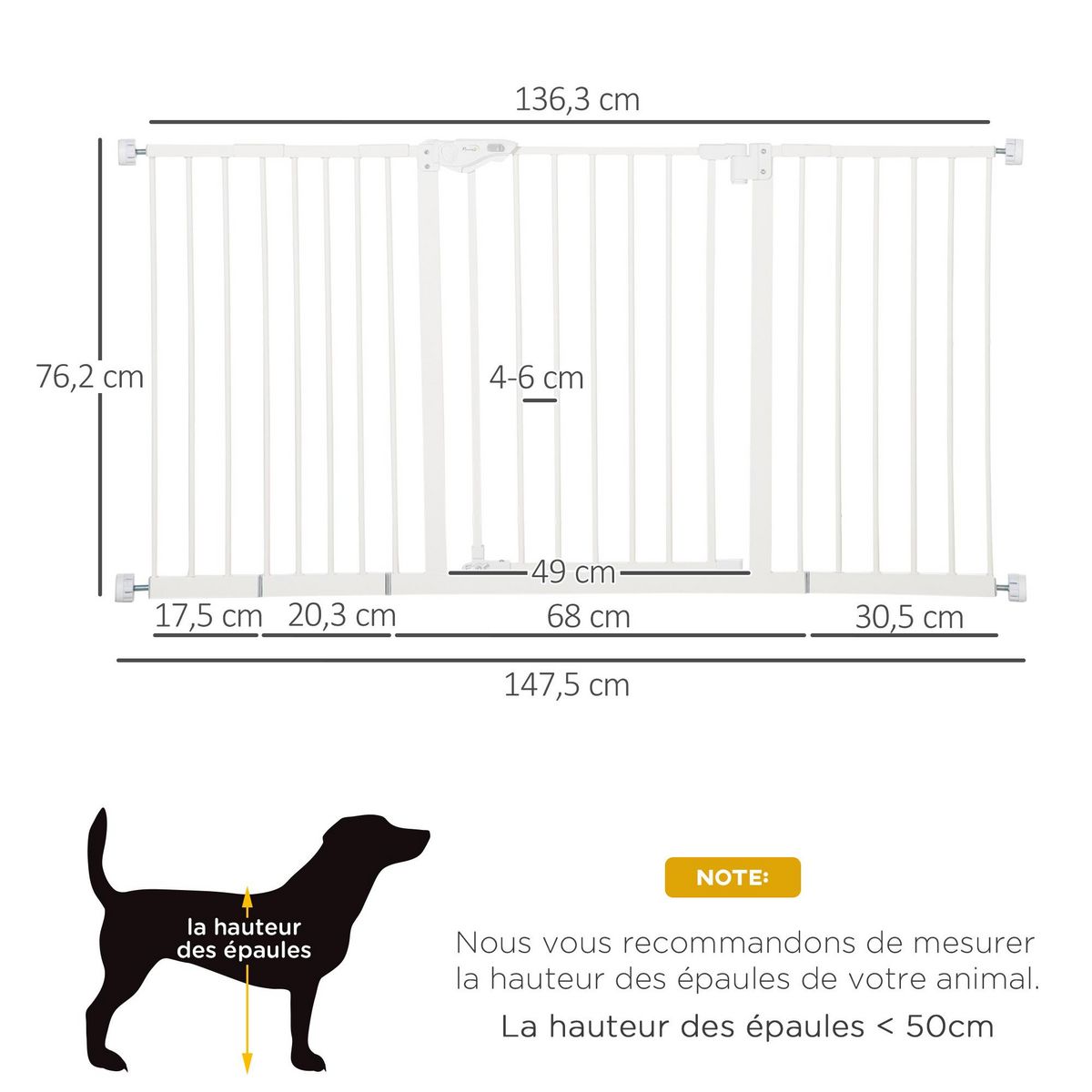 PAWHUT Barrière de sécurité pliable pour chien - 3 panneaux, porte verrouillable - dim. 206L x 120H cm - acier PP blanc