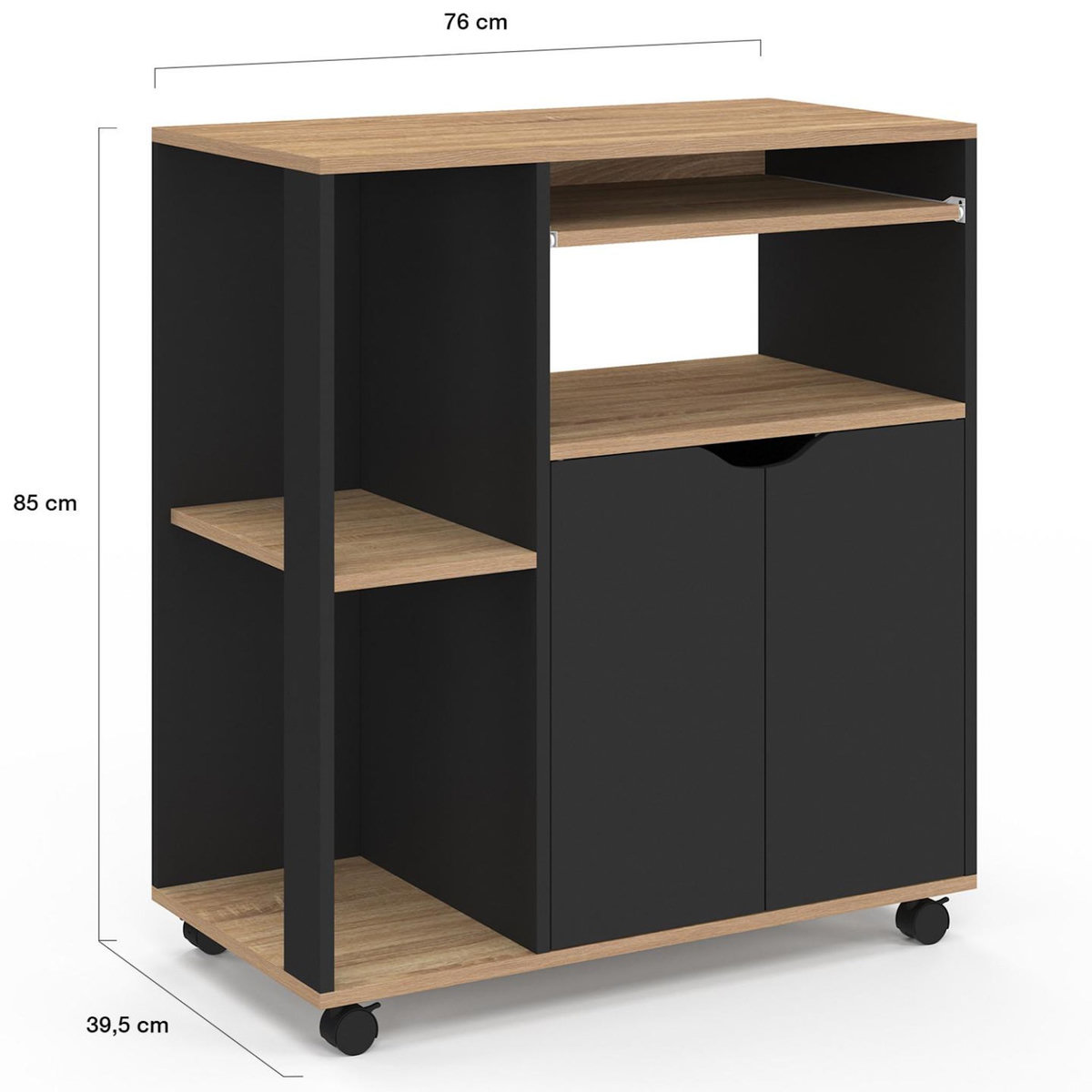 ID MARKET Desserte de cuisine COSI bois noir et plateaux façon hêtre L.76 CM