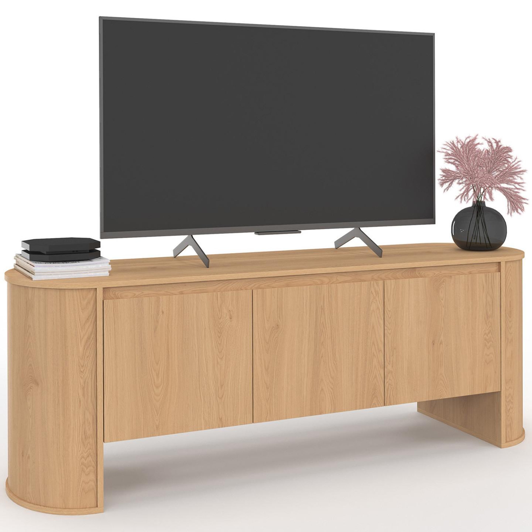 ID MARKET Meuble tv 140 cm divia 3 portes façon hêtre design arrondi