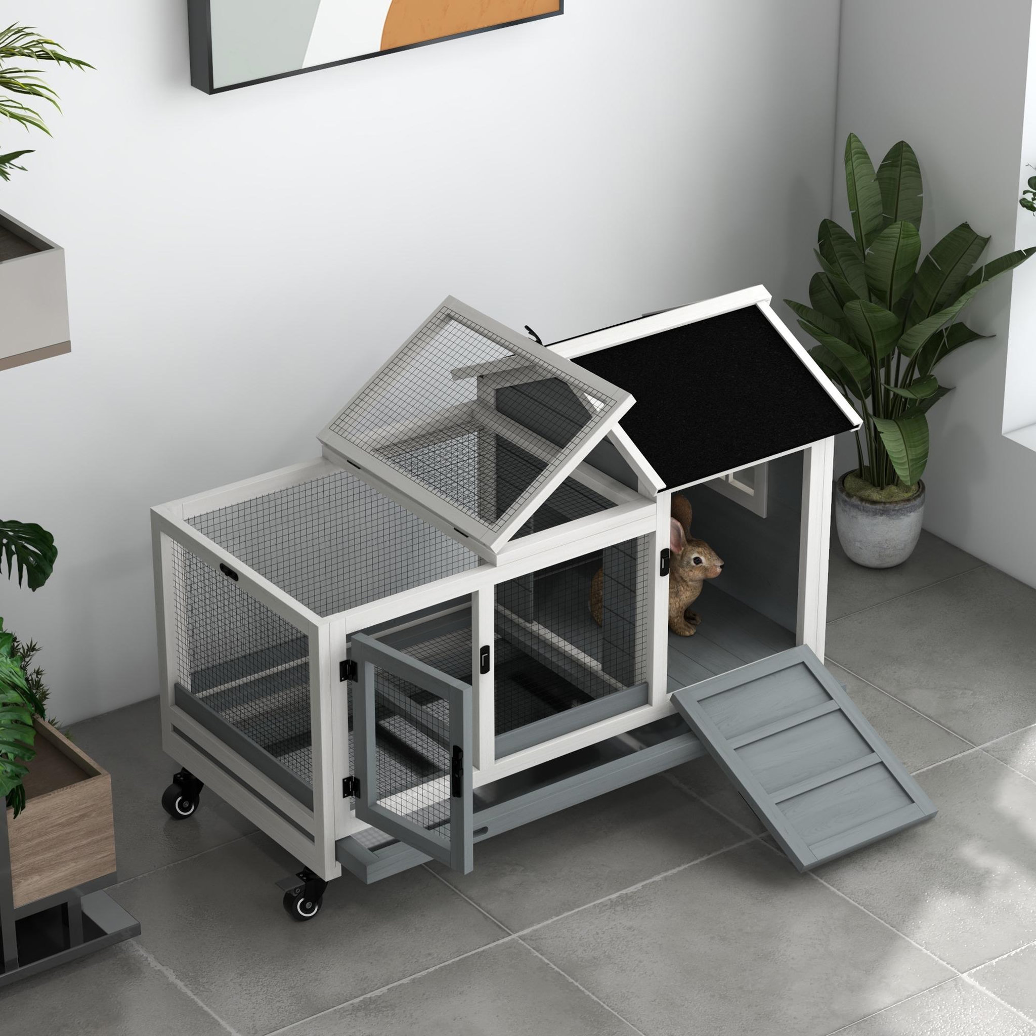 Voir la diapositive 5 : PAWHUT Clapier à lapin sur roulettes cage à lapin porte, rampe trappe verrouillables toit ouvrant niche bois sapin acier gris blanc
