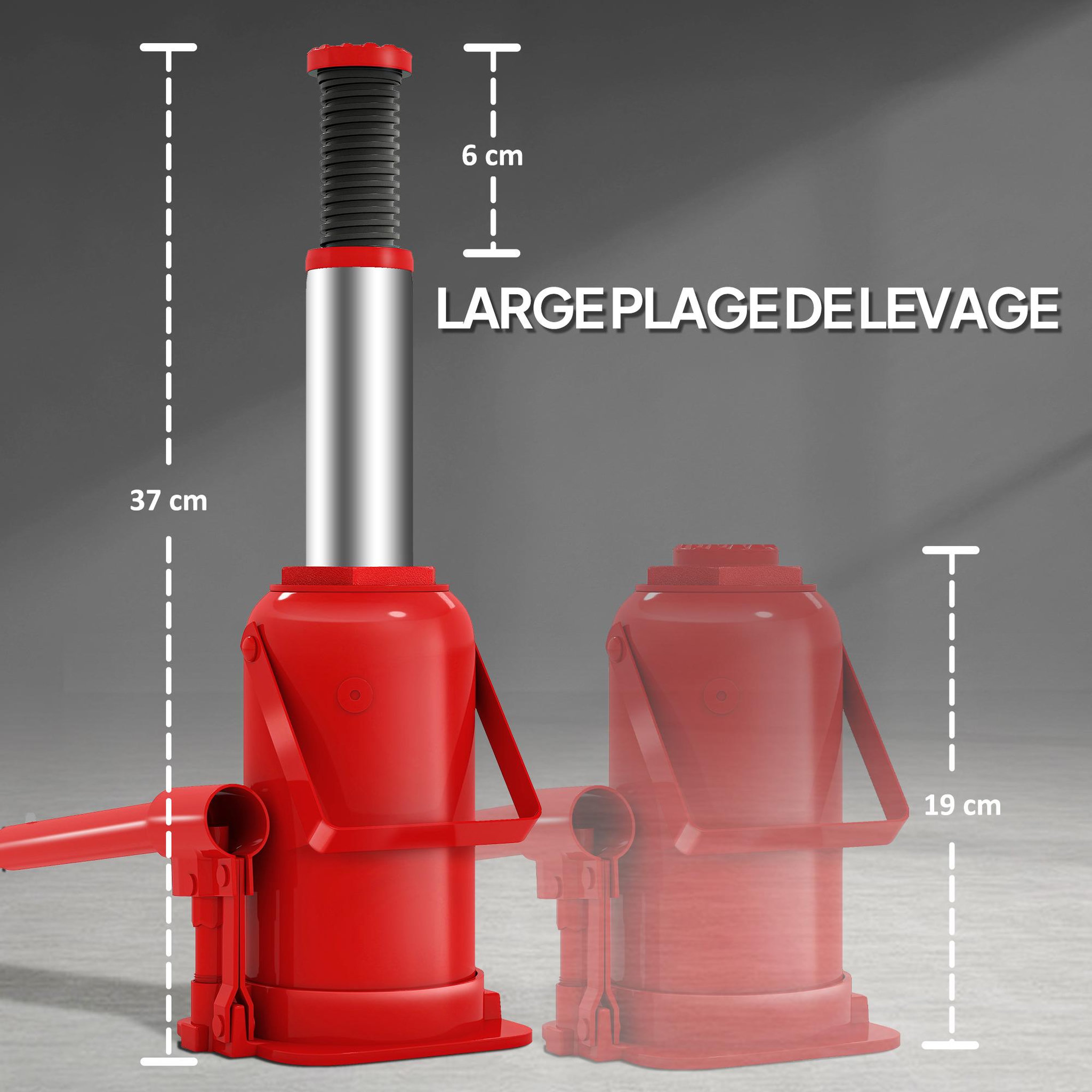 Voir la diapositive 6 : HOMCOM Cric bouteille hydraulique 12T - plage de levage 190-370mm - poignée 3 sections - acier rouge