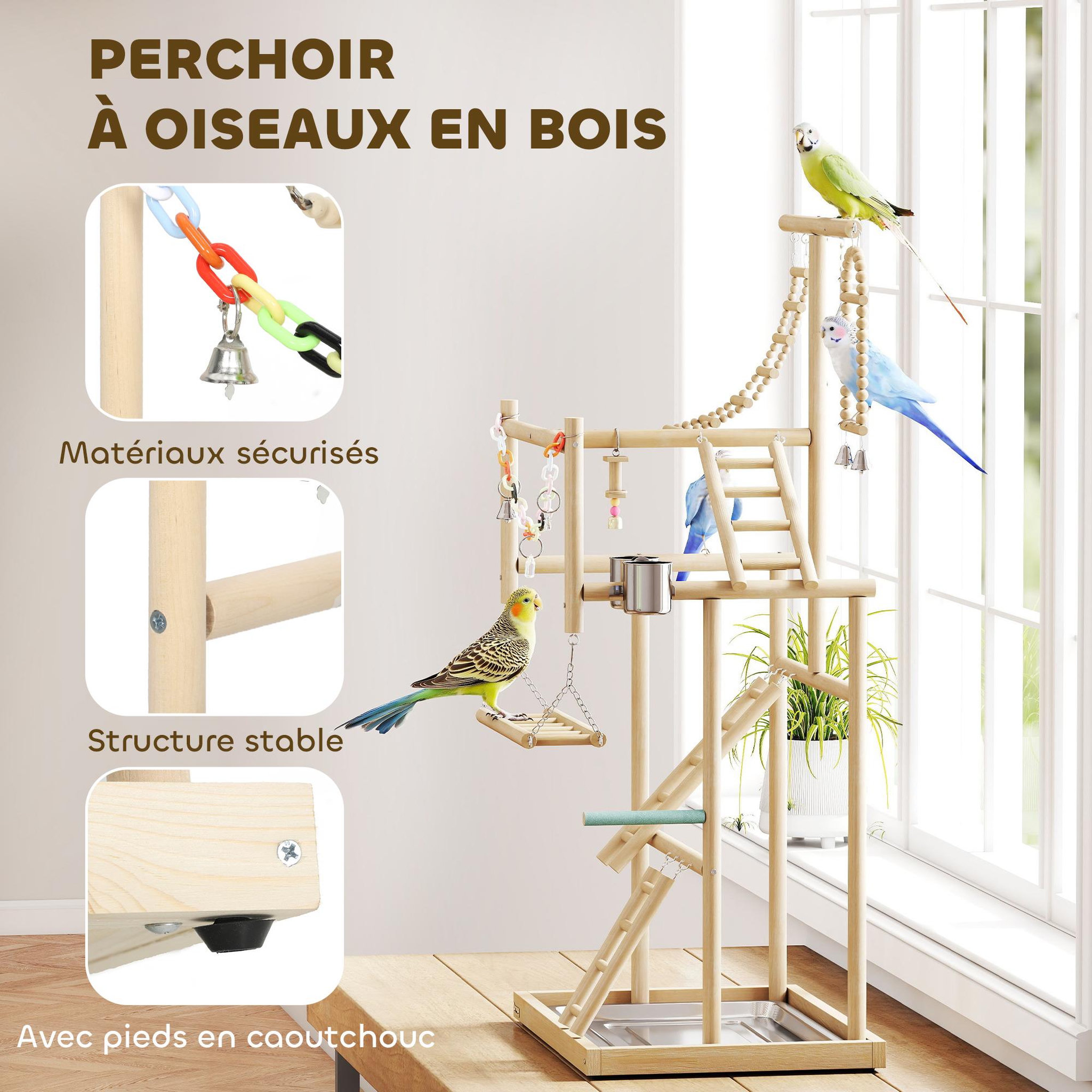 Voir la diapositive 5 : PAWHUT Aire de jeu pour oiseaux perchoirs mangeoires échelles chaîne balançoire cloches plateau