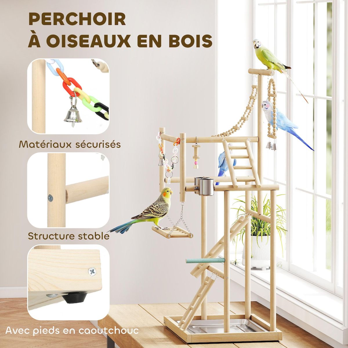 PAWHUT Aire de jeu pour oiseaux perchoirs mangeoires échelles chaîne balançoire cloches plateau