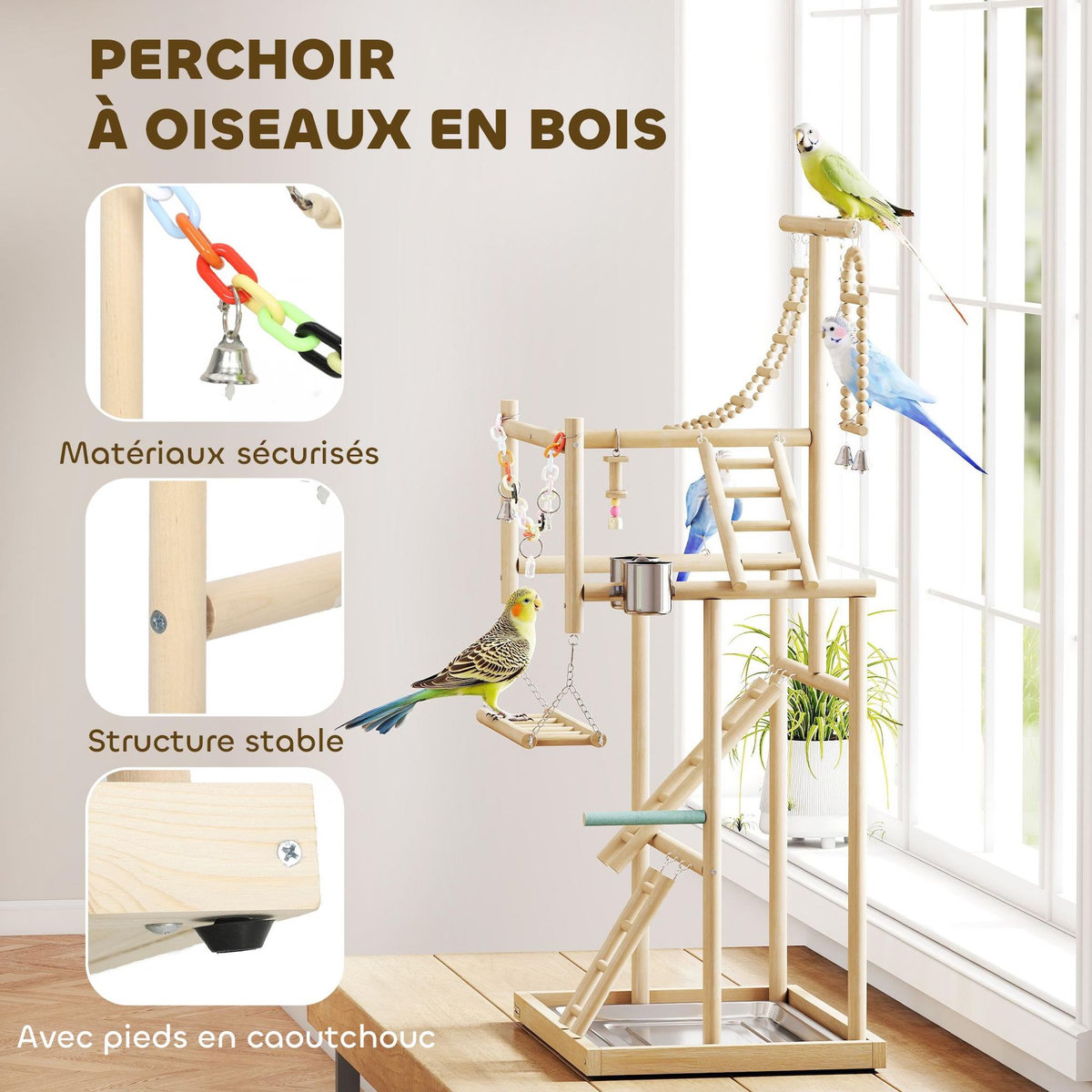 PAWHUT Aire de jeu pour oiseaux perchoirs mangeoires échelles chaîne balançoire cloches plateau