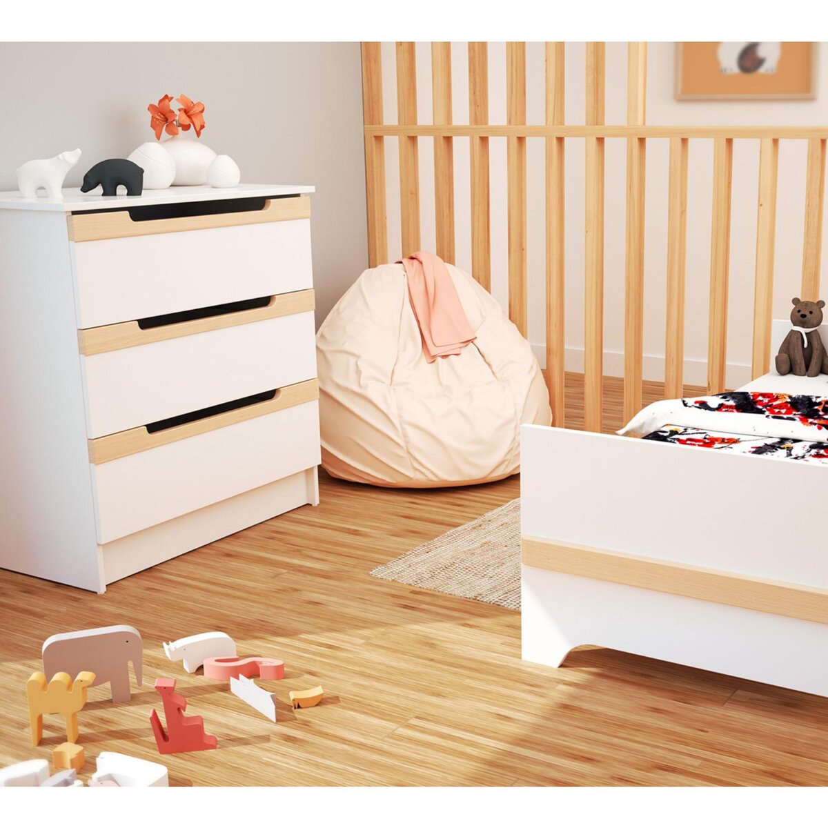 AT4 Commode à langer 3 tiroirs en bois CARROUSEL Blanc et Hêtre Verni