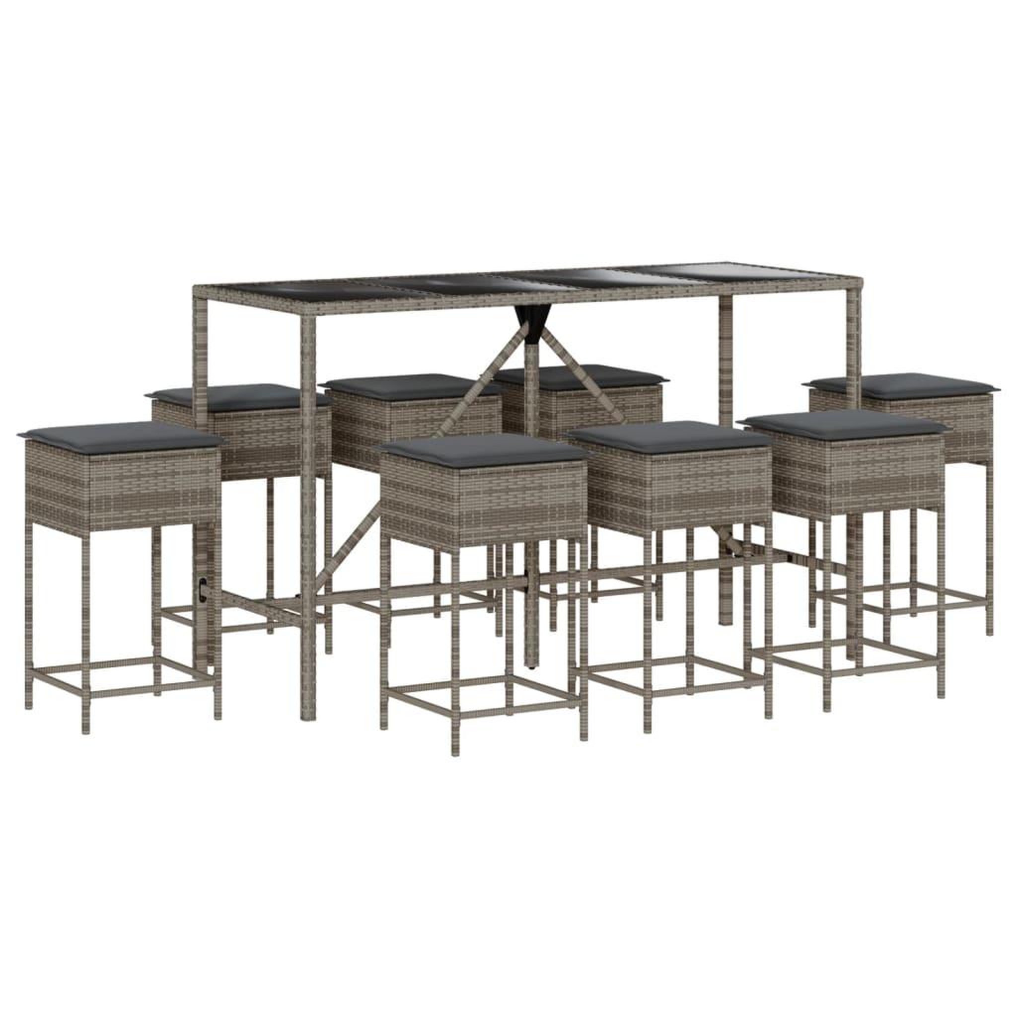 Voir la diapositive 2 : VIDAXL Ensemble de bar de jardin 9 pcs avec coussins gris poly rotin