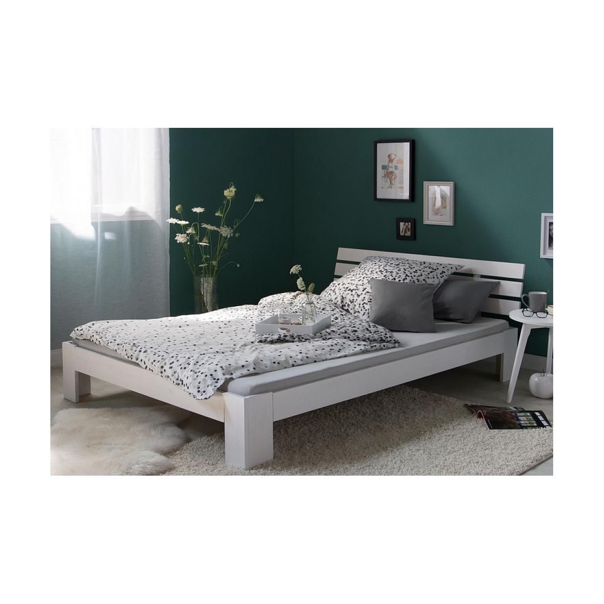 HomeStyle4U Lit double en bois massif 160x200cm blanc pin lit futon a lattes cadre de lit