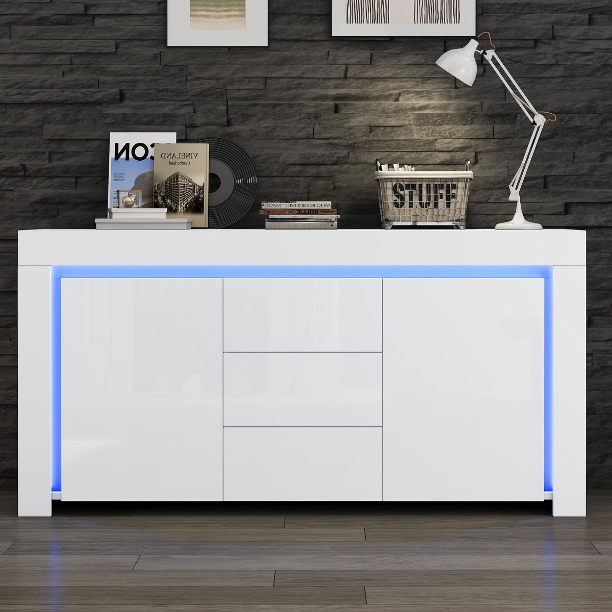 MERAX Buffet 2 porte(s) 3 tiroir(s) - 140 cm blanc led mdf