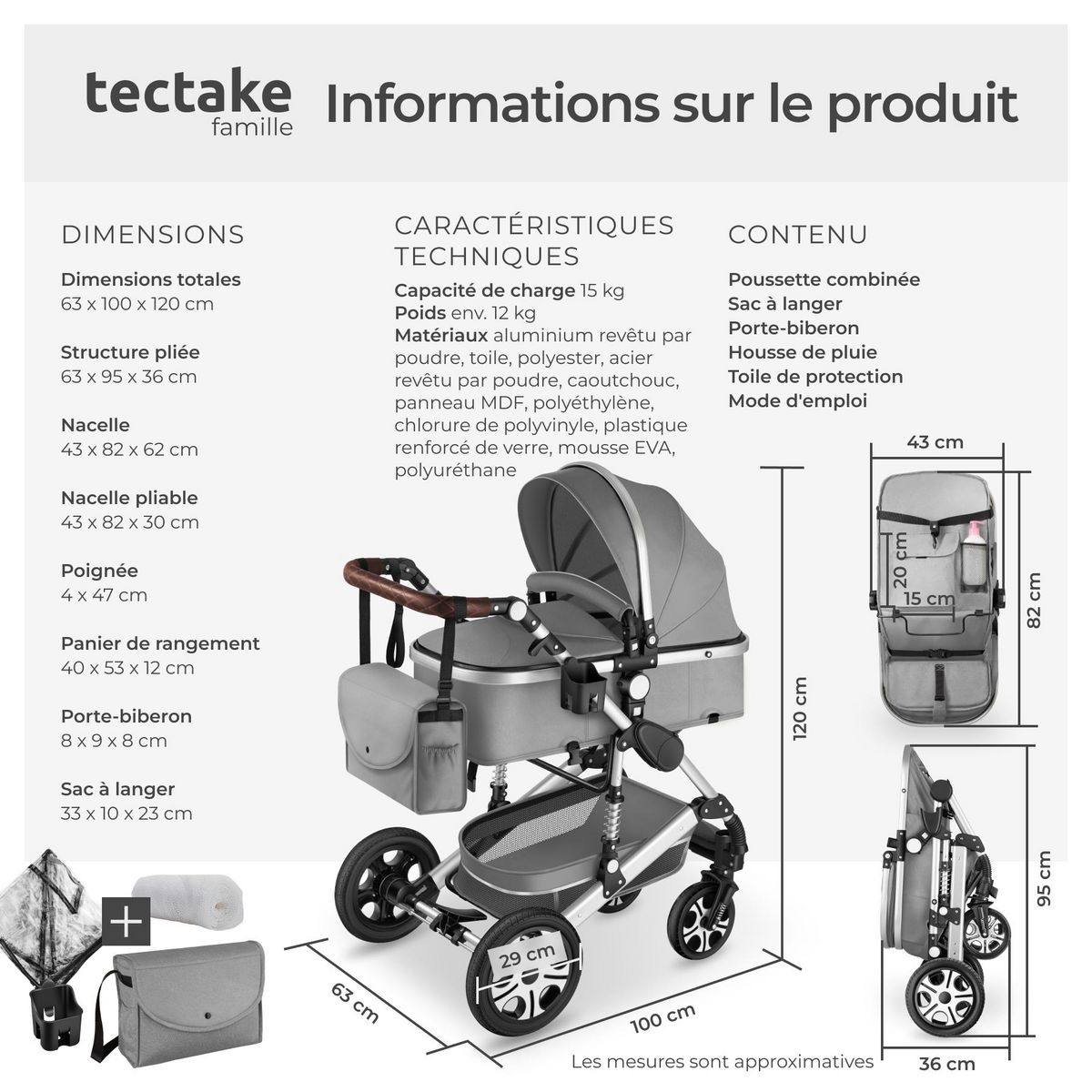 tectake Poussette combinée 2-en-1 pliable avec harnais à 5 points, frein, arceau de sécurité et dragonne gris