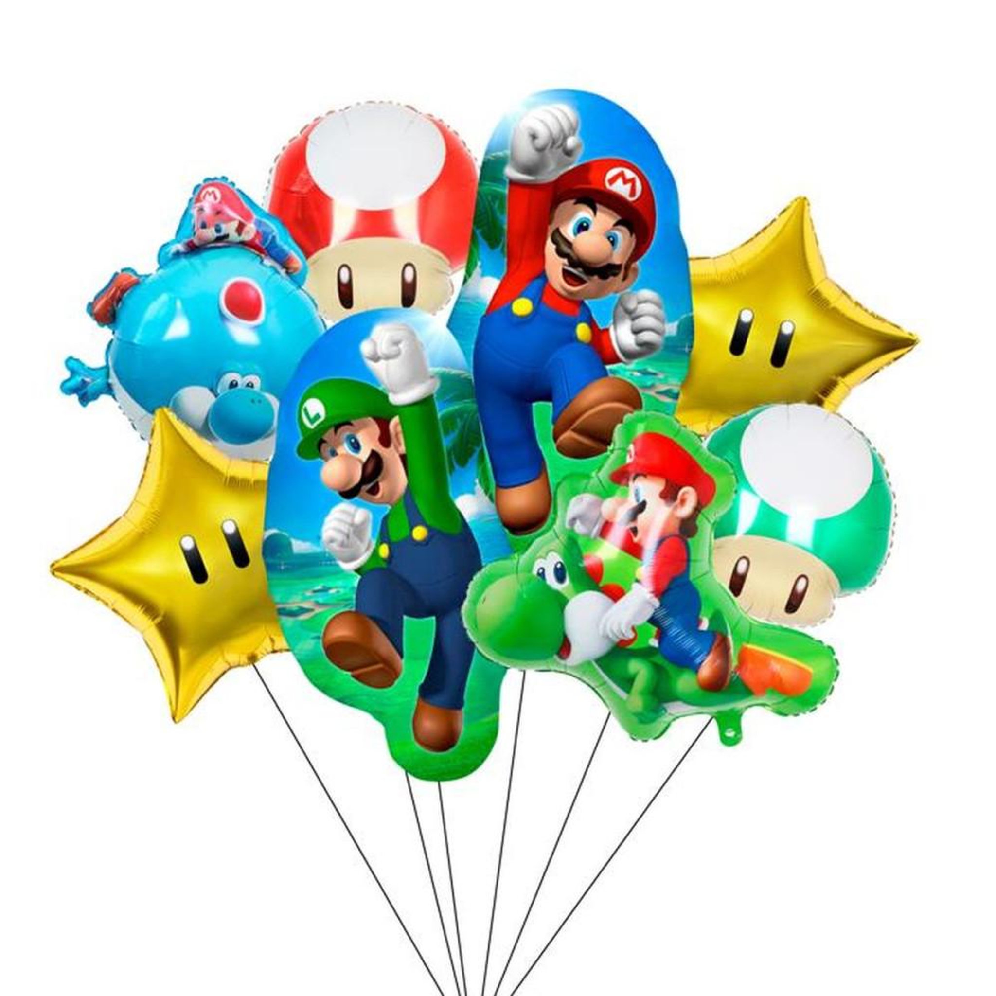 Set de 8 ballons déco anniversaire thème Super Mario pour hélium, ballons aluminium multicolores (personnages, champignons, étoiles)