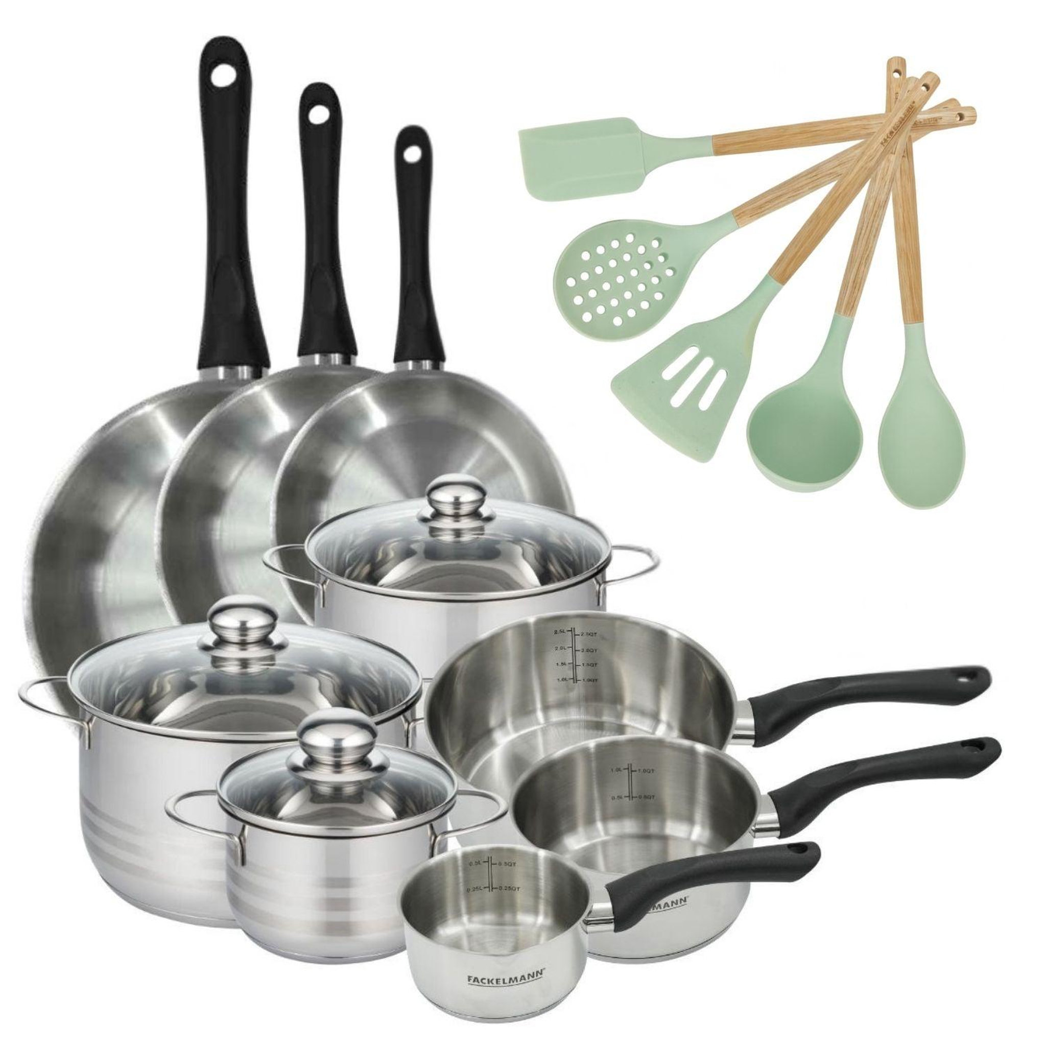 Fackelmann Batterie de cuisine avec 3 faitouts 16/20/24 cm et 3 casseroles 12/16/20 cm et 5 ustensiles de cuisine fackelmann généva brillant ocean
