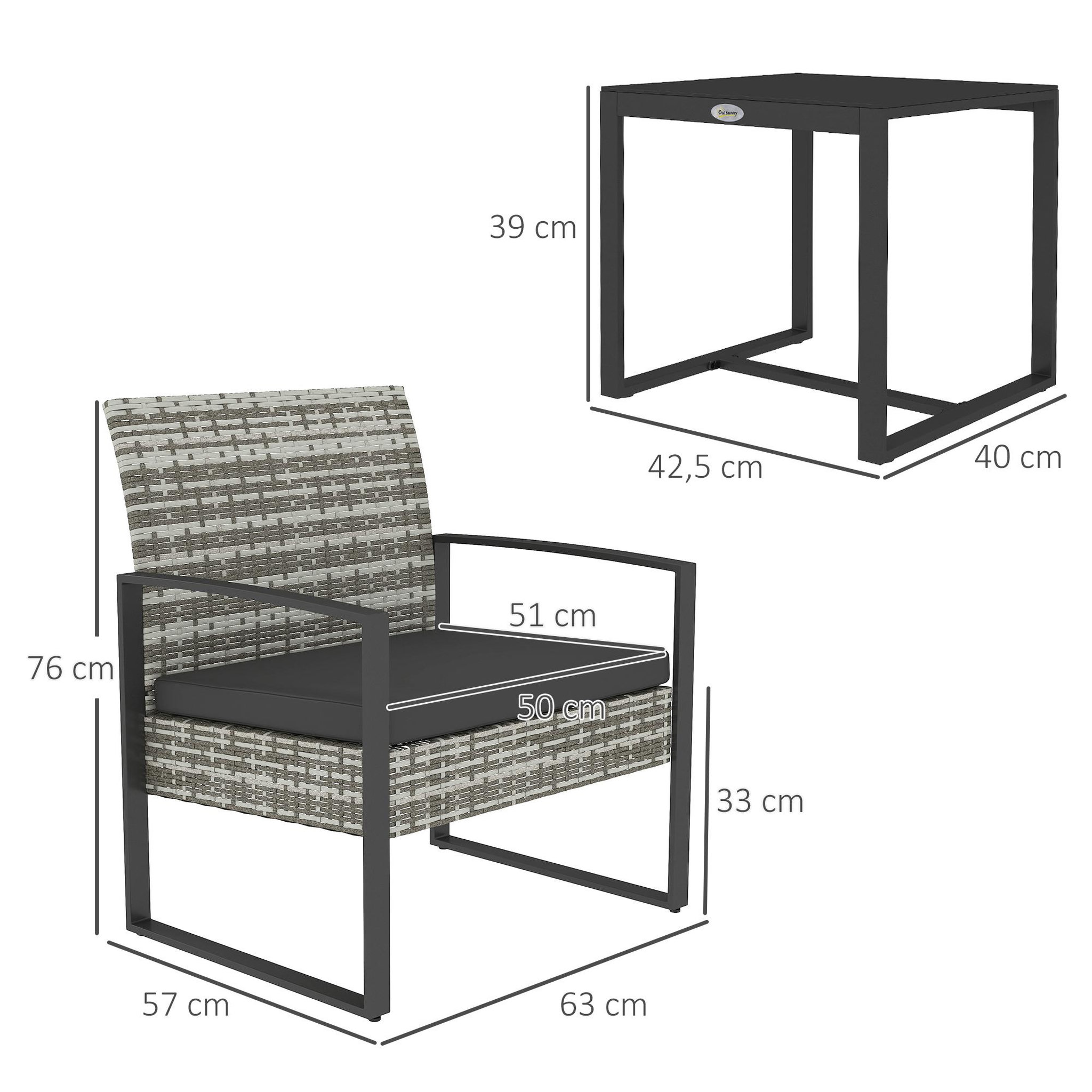 Voir la diapositive 3 : OUTSUNNY Salon de jardin 2 places 3 pièces 2 chaises avec coussins + table basse plateau verre trempé résine tressée aspect rotin gris