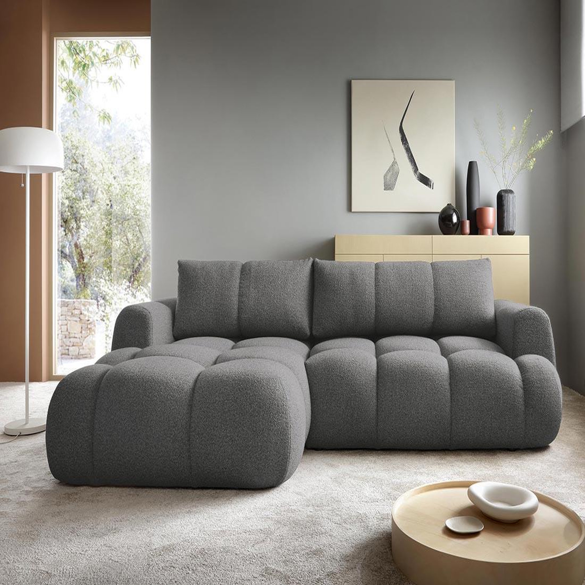 BEST MOBILIER Yulin - canapé d'angle gauche 4 places convertible avec coffre en tissu bouclette. Coloris disponibles : Marron, Beige, Gris