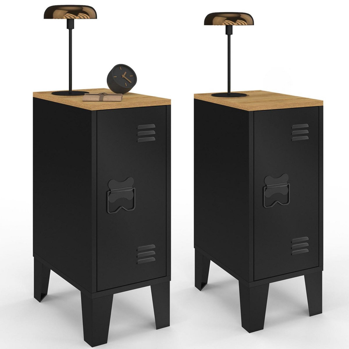 ID MARKET Lot de 2 tables de chevet ESTER 1 porte métal noir plateau façon hêtre design industriel