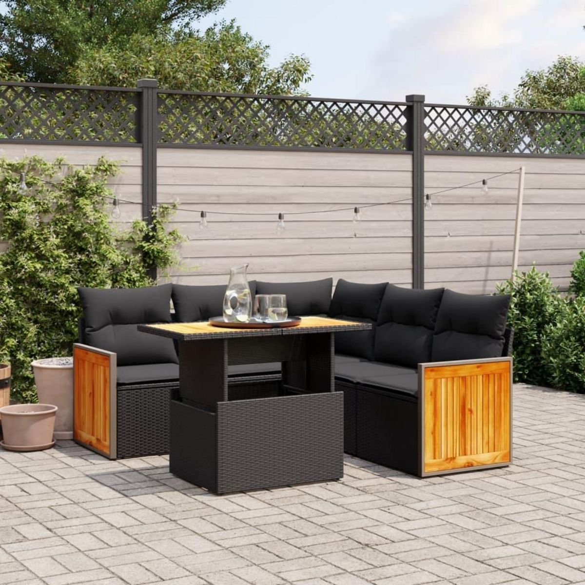 VIDAXL Salon de jardin 6 pcs avec coussins noir resine tressee