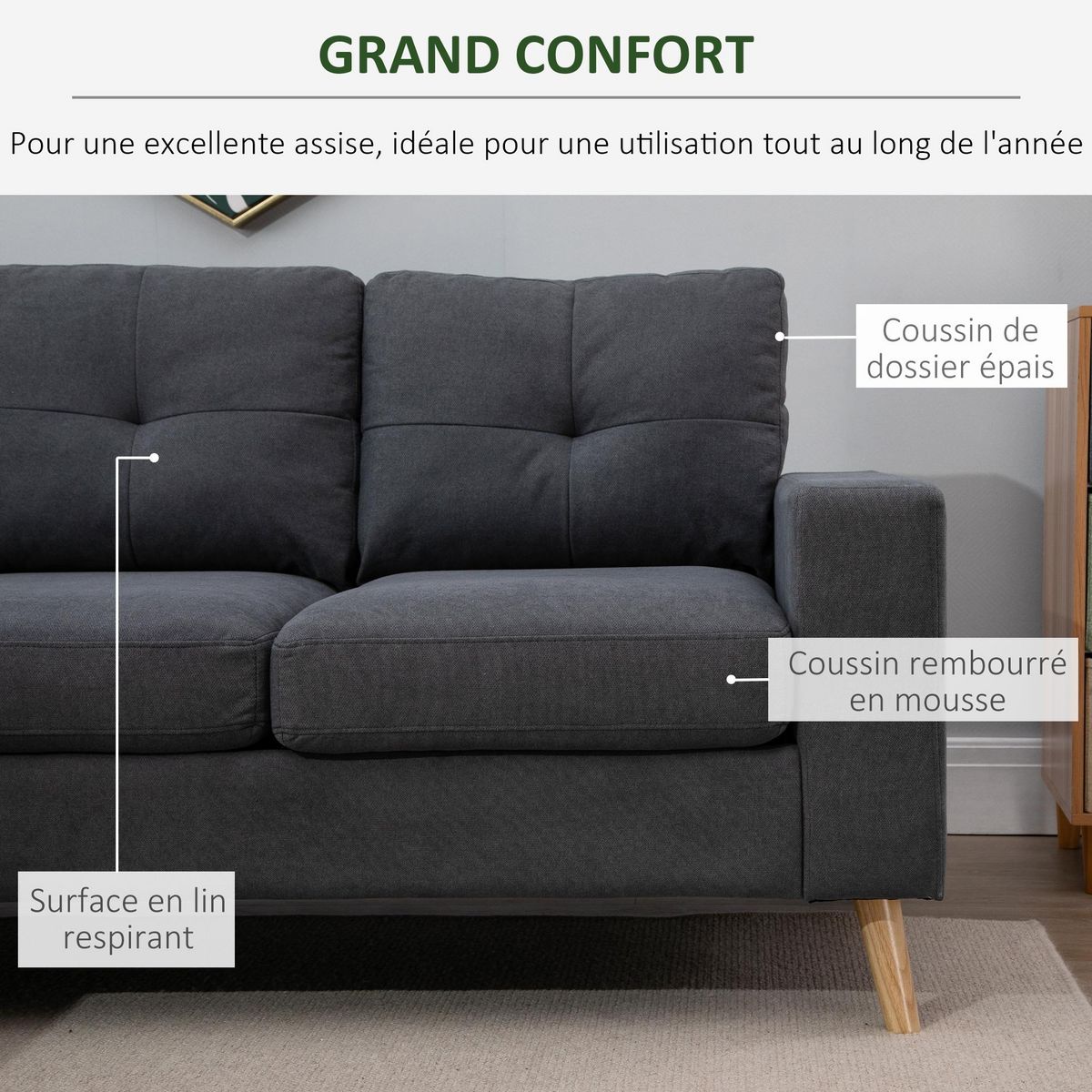 HOMCOM Canapé d'angle 3 places design scandinave - dossier effet capitonné, repose-pied amovible - piètement bois tissu anthracite