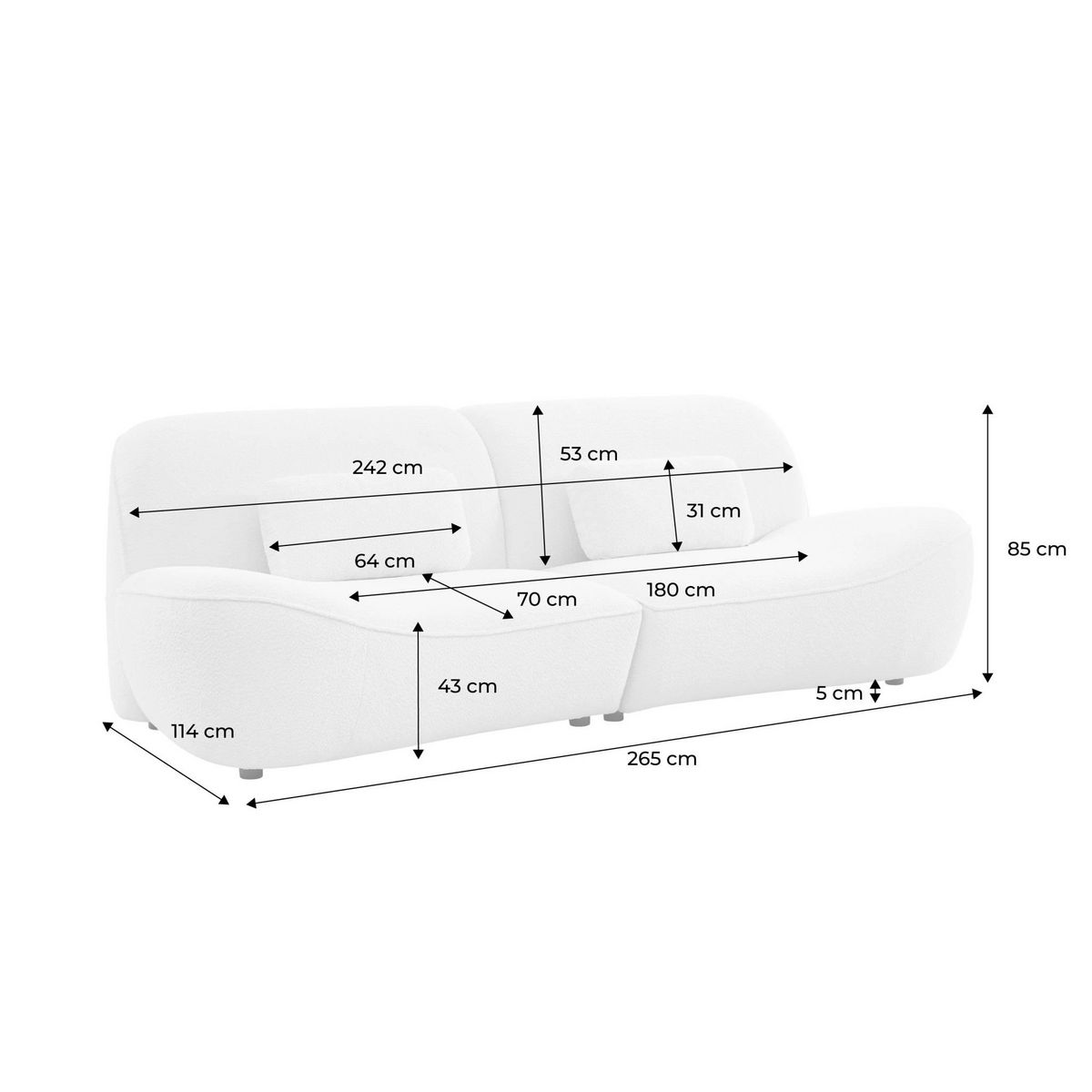 SWEEEK Canapé 3 places en bouclette blanche L 265 x P 114 x H 85cm - Nia