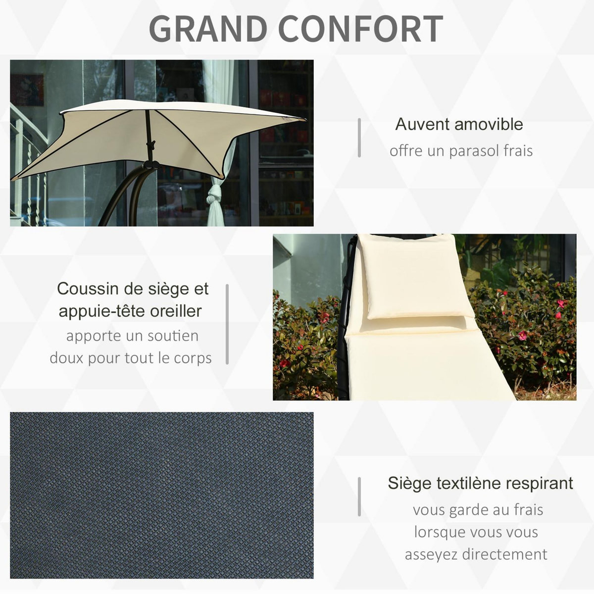 OUTSUNNY Bain de soleil transat à bascule design contemporain avec pare-soleil, matelas grand confort, tétière métal époxy noir polyester crème