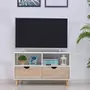 HOMCOM Meuble TV bas sur pieds style scandinave 2 tiroirs coloris chêne clair blanc