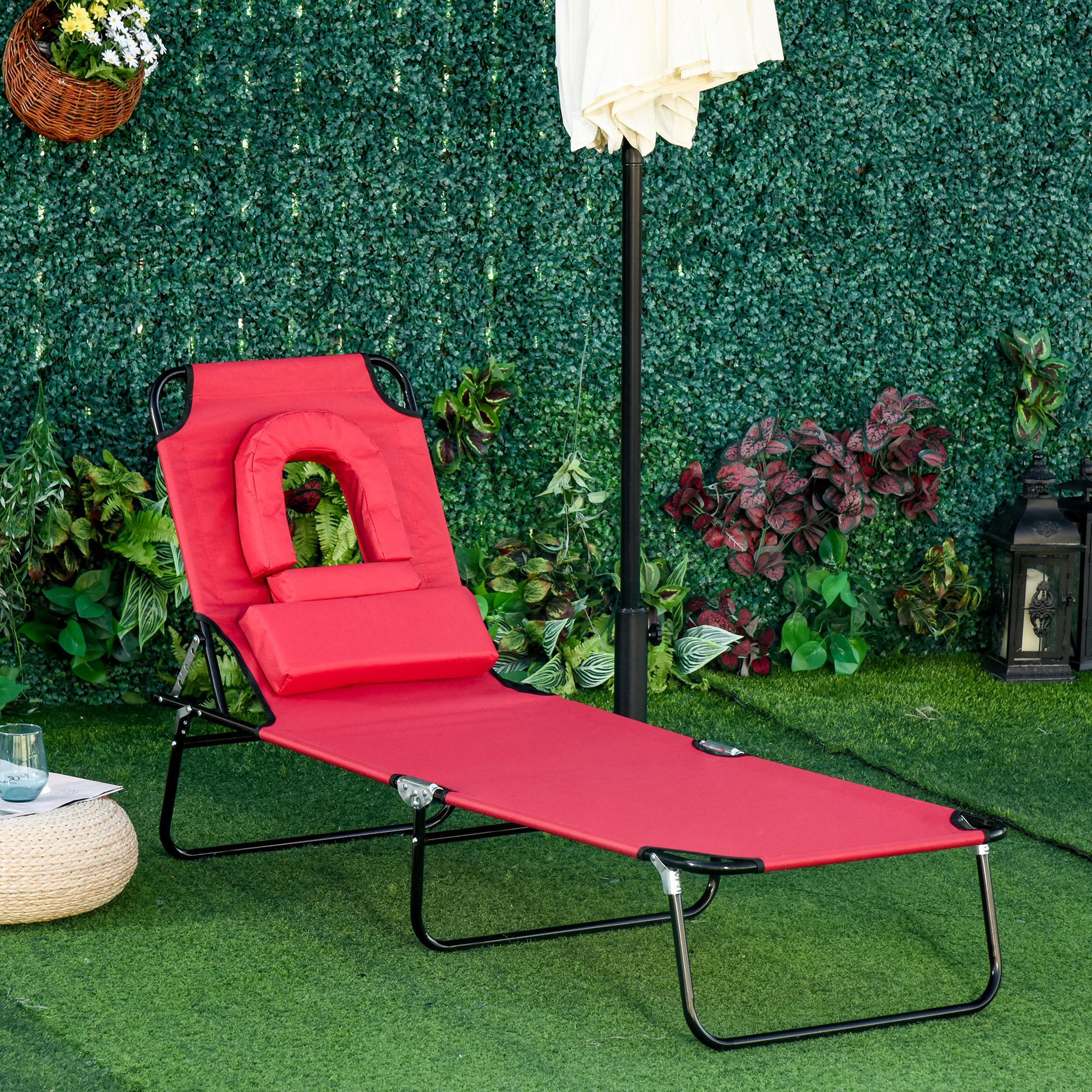 Voir la diapositive 2 : OUTSUNNY Bain de soleil pliable transat inclinable 4 positions chaise longue de lecture 3 coussins fournis rouge