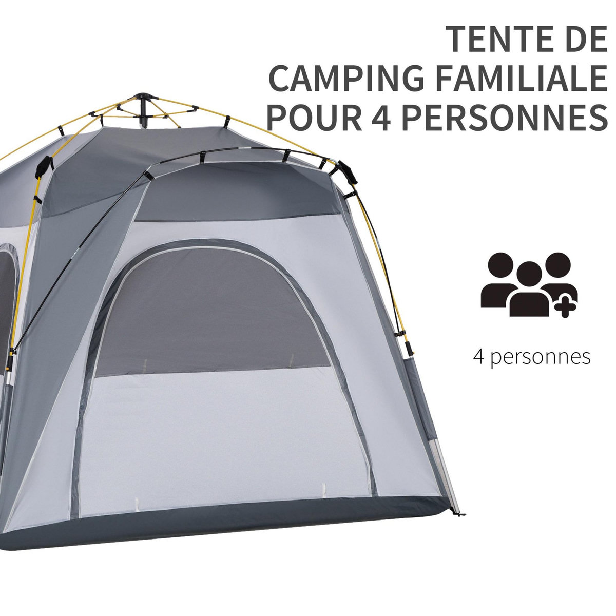 OUTSUNNY Tente de camping familiale 4 personnes montage instantanée pop-up 4 fenêtres pare-soleil dim. 2,4L x 2,4l x 1,95H m fibre verre polyester gris
