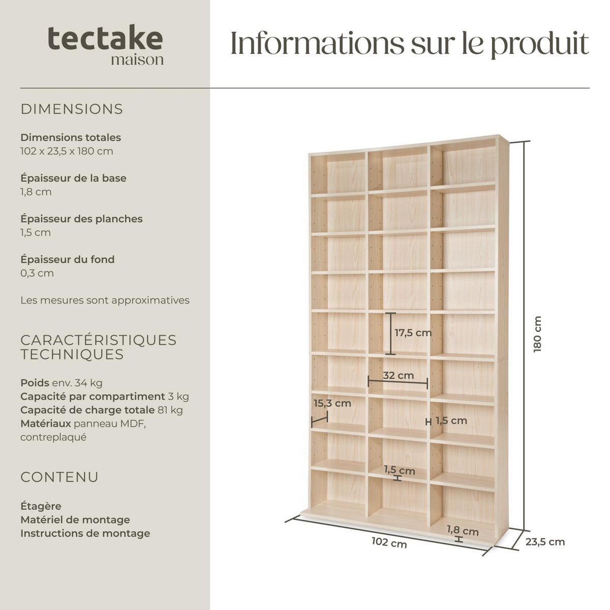 tectake Étagère DVD CD aspect bois marron hêtre
