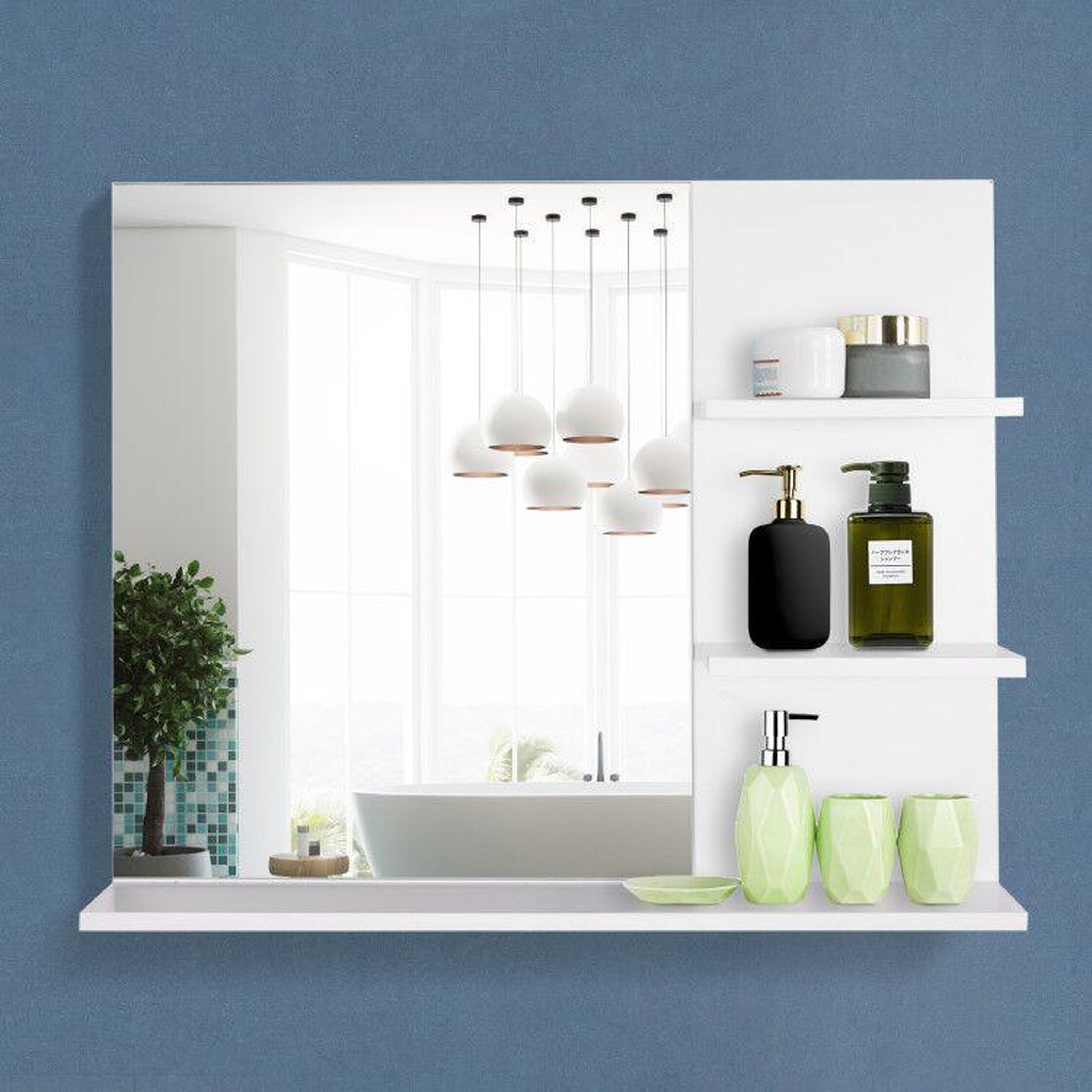 Voir la diapositive 2 : HOMCOM Miroir de salle de bain avec étagères - 2 étagères latérales + grande étagère inférieure - kit installation fourni - mdf blanc